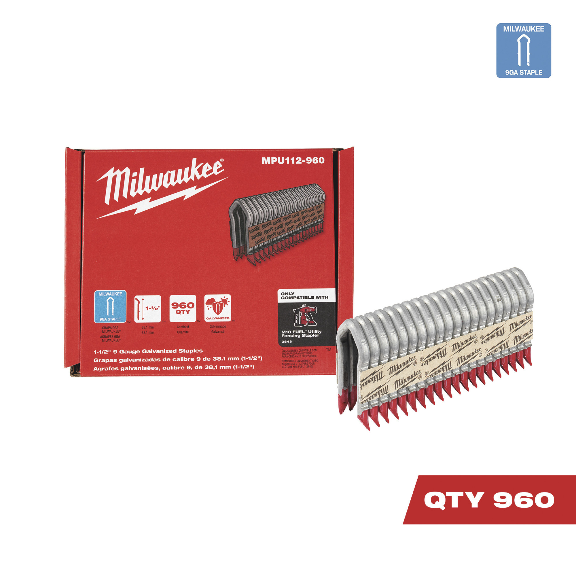 Milwaukee 1 1/2in. 9-Ga. Galvanized Fence Staples, 1 Box of 960 Staples, Model# MPU112-960
