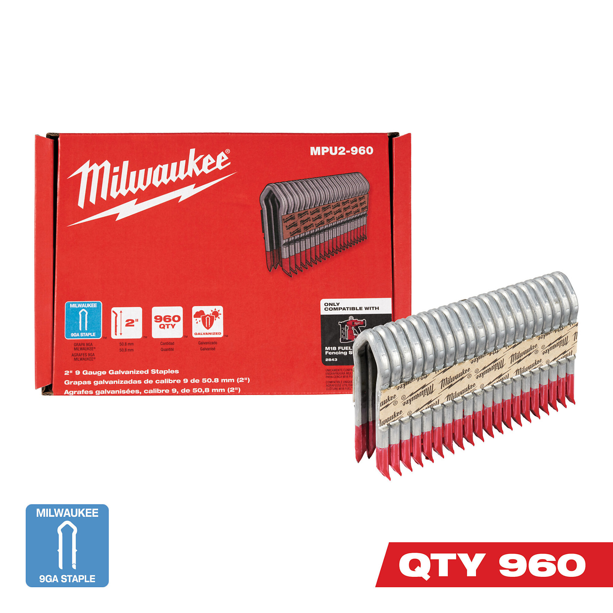 Milwaukee 2in., 9-Ga. Galvanized Fence Staples, 1 Box of 960 Staples, Model# MPU2-960
