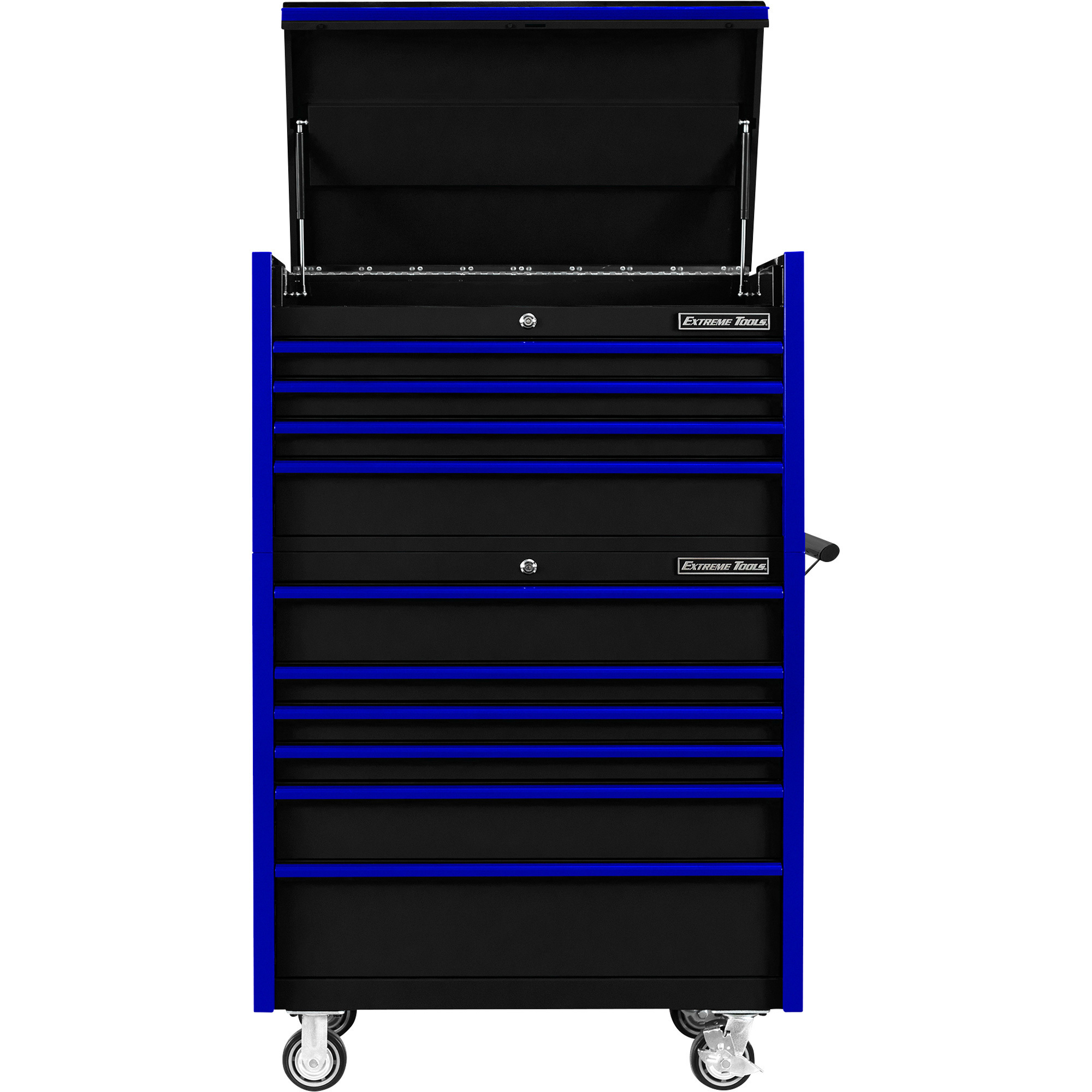 Extreme Tools 4-Drawer Top Chest/6-Drawer Roller Cabinet Combo - 41in.W x 25in.D x 64in.H, Full-Extension Ball Bearing Slides, 200-Lb. Capacity Per Drawer, Black/Blue, Model# DX4110CRKU