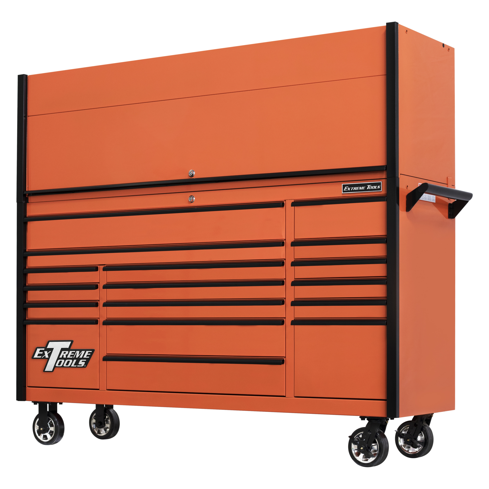Extreme Tools Extreme Power Workstation Hutch and 17-Drawer Roller Cabinet Combo - Orange/Black, Power Tool Rack, Quick Release Drawer Pulls, 6in. Casters, Model# DX7218HROK