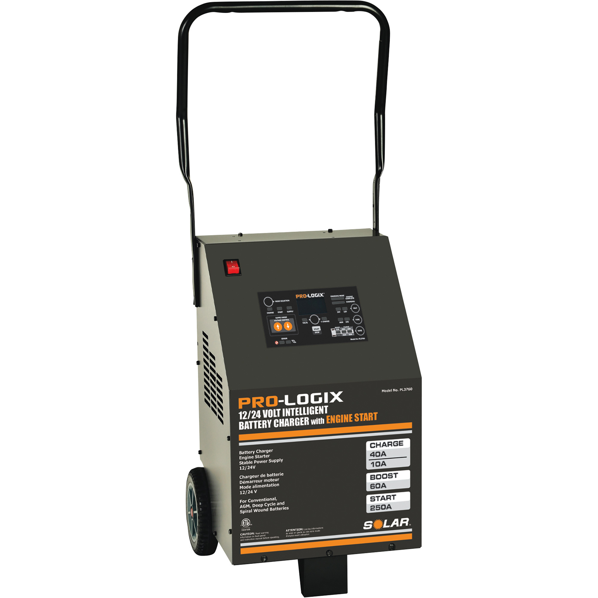 Pro-Logix Intelligent Wheeled Battery Charger with Engine Start, 12/24  Volts, 60/40/10/250 Amps, Model# PL3760