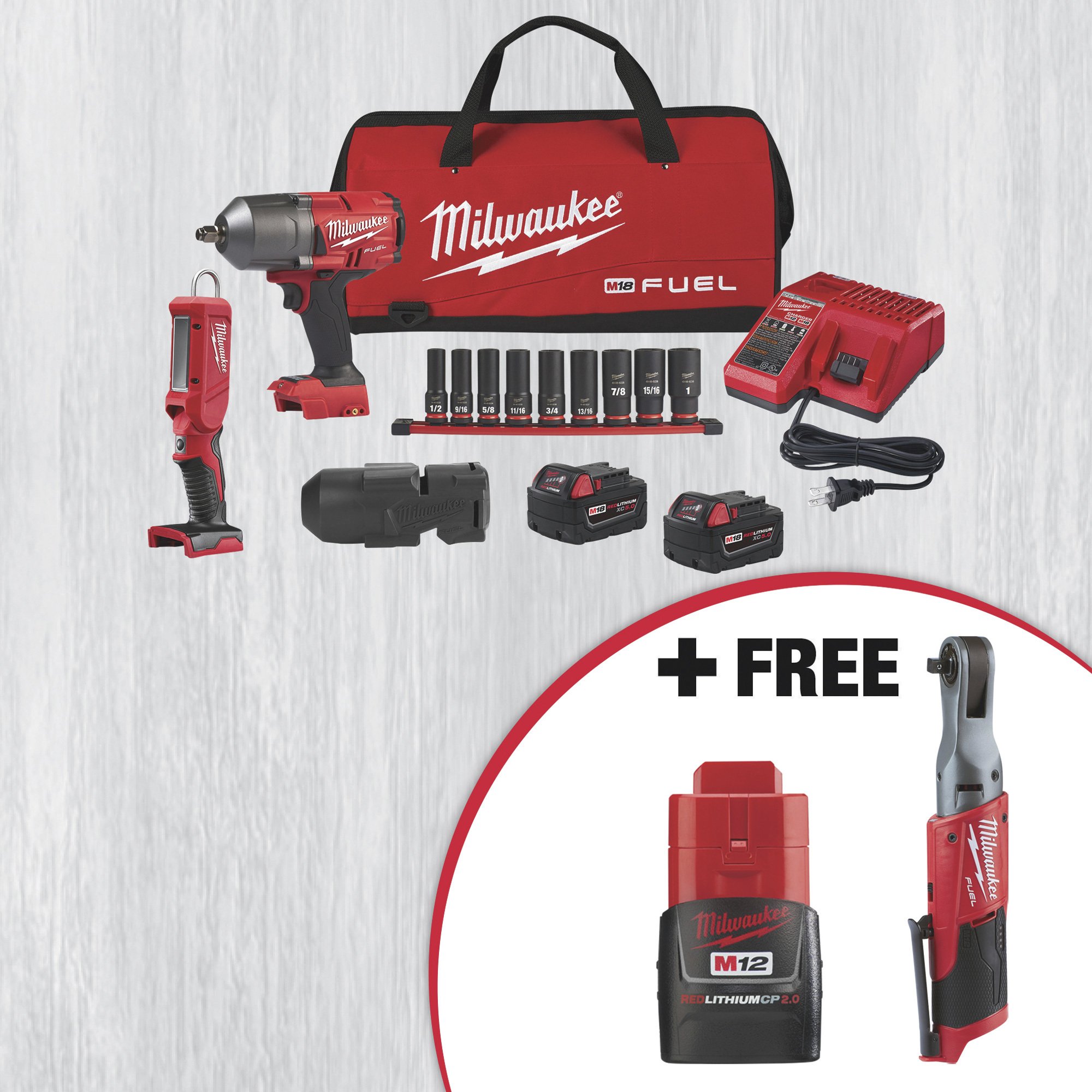Milwaukee M18 FUEL Li-ion 1/2in. Impact Wrench, LED Stick Light and Impact Socket Set With FREE 3/8in. Brushless Ratchet