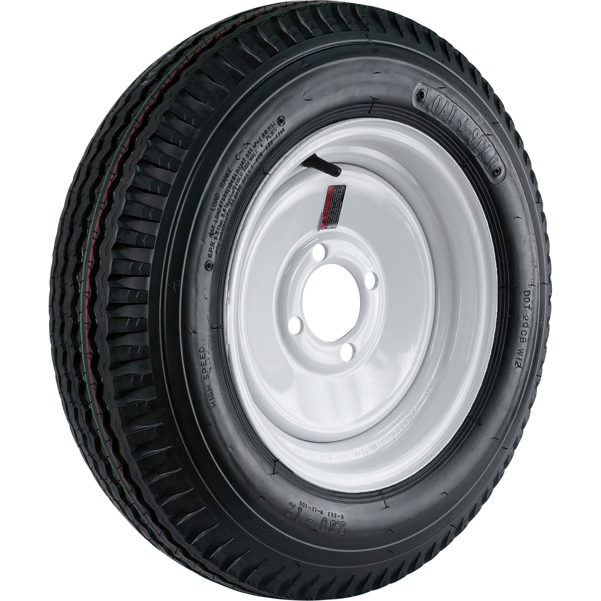 Kenda Loadstar 12in. Bias-Ply Trailer Tire and Wheel Assembly, 21.5 x 5.30 x 12, 4-Hole, Load Range C, Model# DM452C-4IN