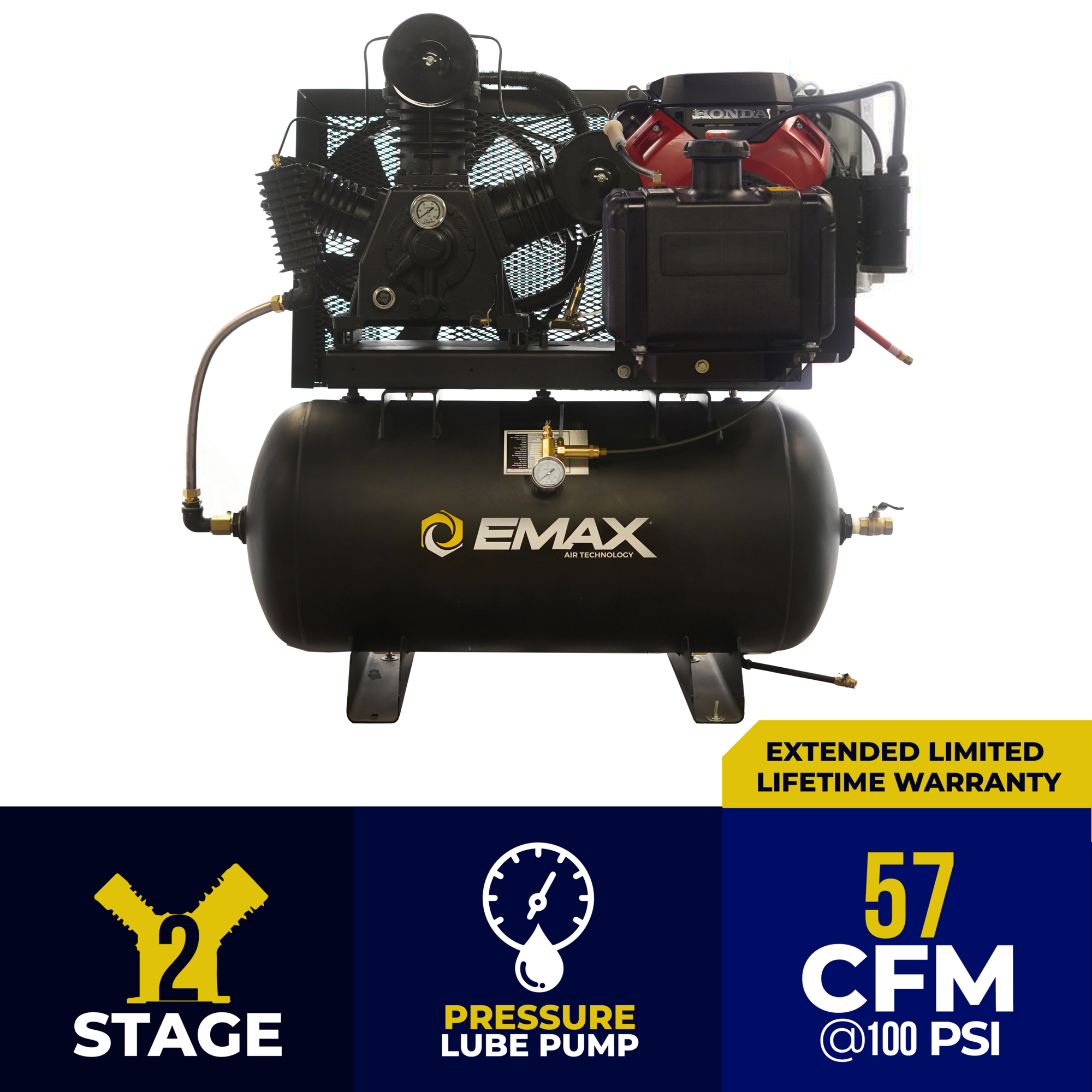 Emax Stationary Air Compressor — 60-Gallon, 24hp, Gas Powered, Electric Start, 57 CFM at 100 PSI, Model# EGES2460ST