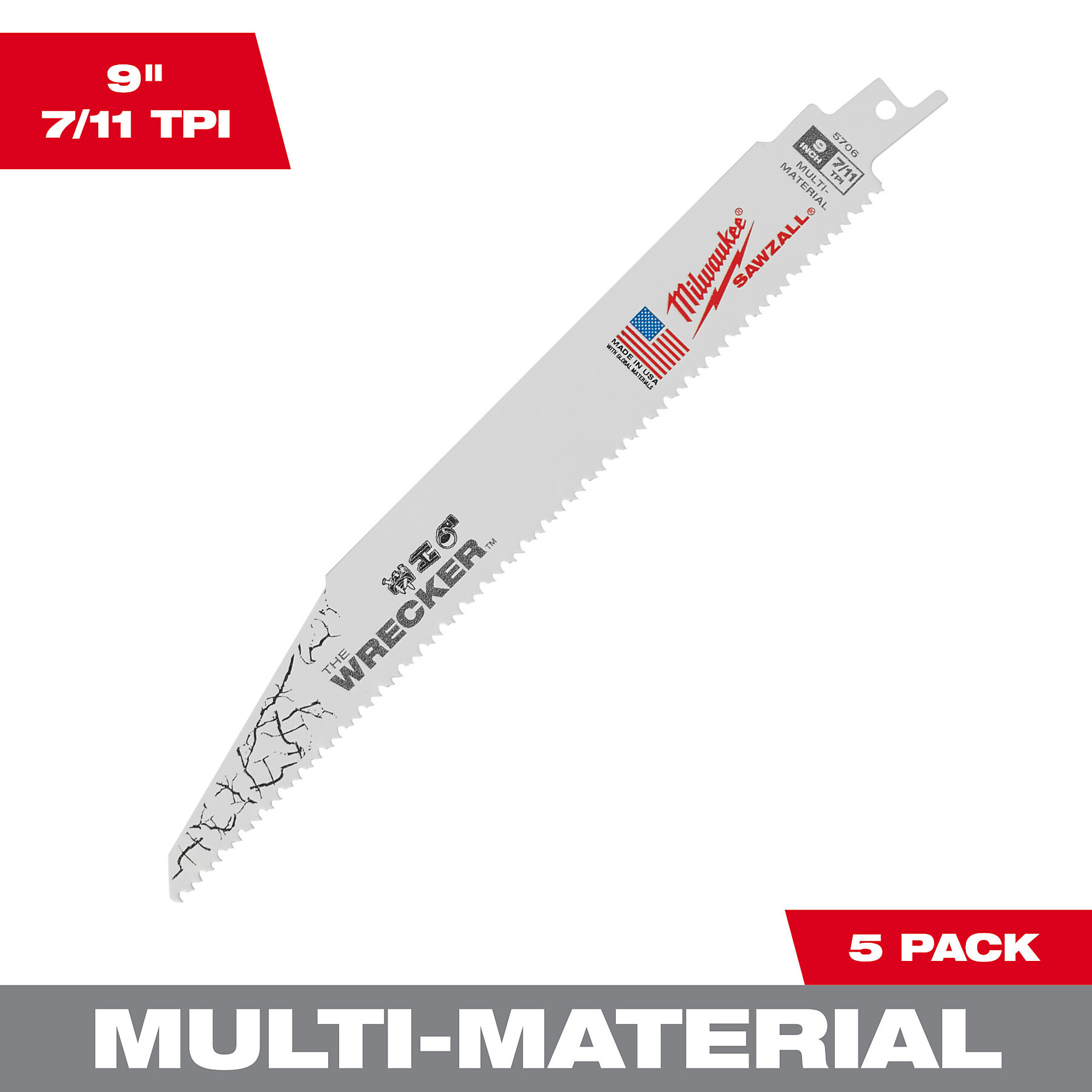 Milwaukee Sawzall Wrecker Bi-Metal Blade, 5-Pk., 9in., 8 TPI, Model# 48-00-5706