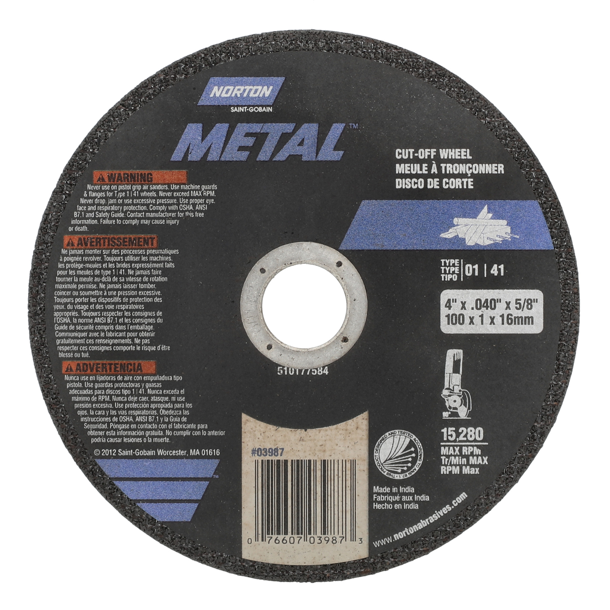Norton 5-Pk. Cutoff Wheels, 4in. Dia., 15,280 RPM, Model# 07660703987