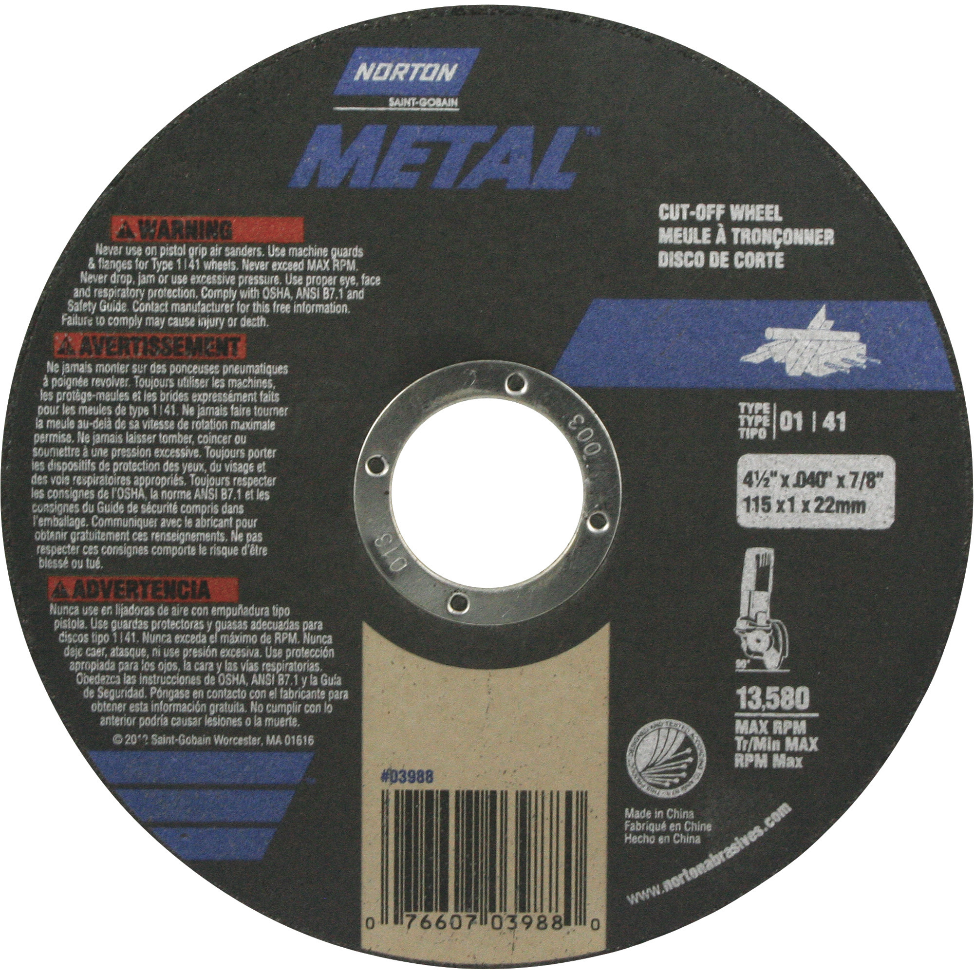 Norton Cutoff Blades,5-Pk., 4 1/2in. x .04in. x 7/8in., 13,580 RPM, Model# 07660703988
