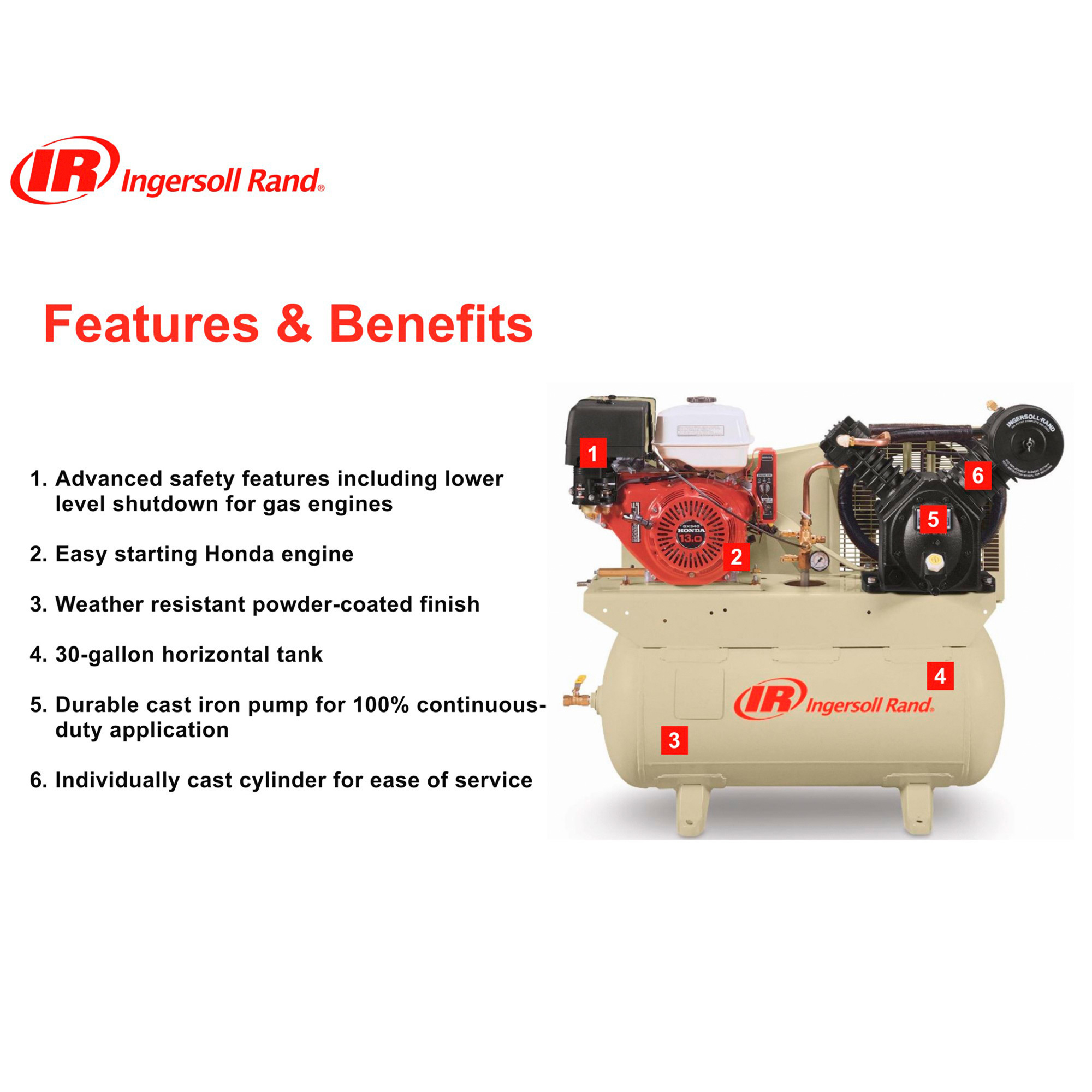 Ingersoll Rand Gas-Powered Air Compressor, 13 HP Honda Engine with  Alternator, 30-Gallon Horizontal Tank, 24 CFM @ 175 PSI, Model# 2475F13GH