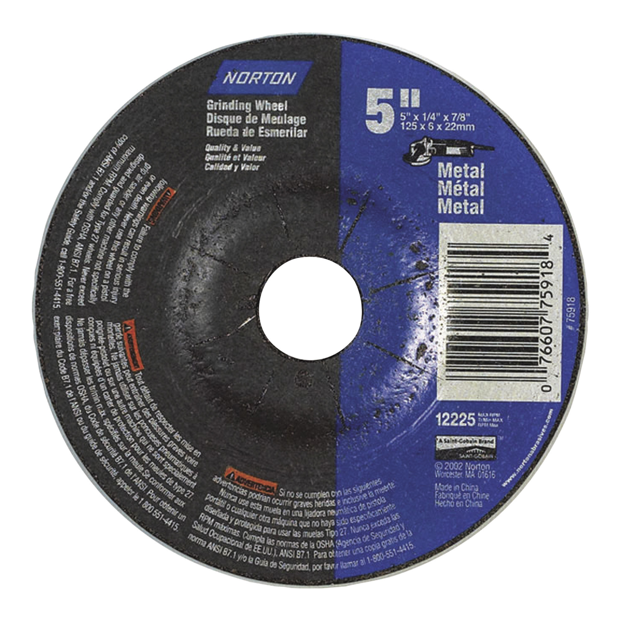 Norton Metal Grinding Wheel, 5in. Dia., 10,850 RPM