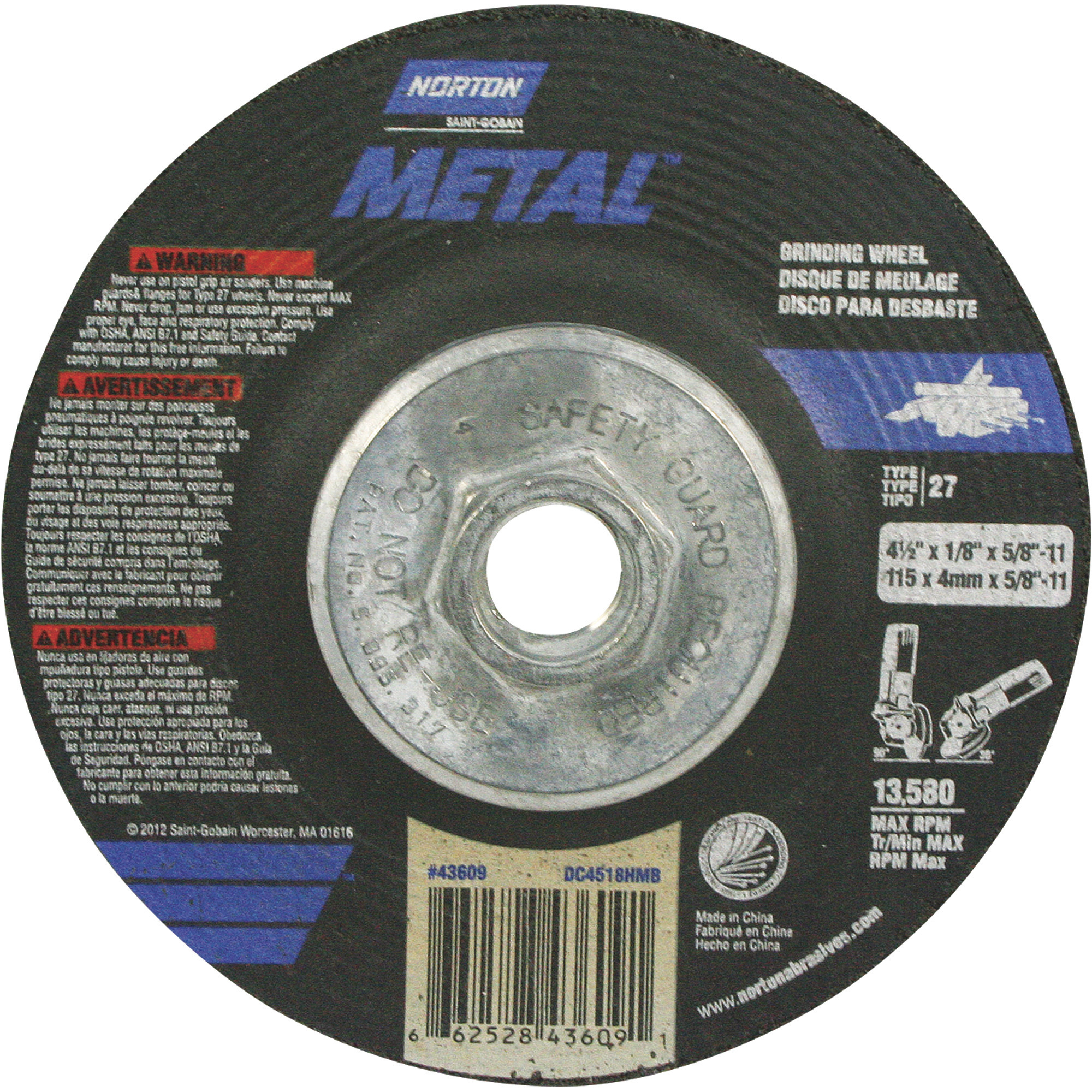 Norton Metal and Masonry Grinding Wheel, 4.5in. Dia., Model# 66252843609