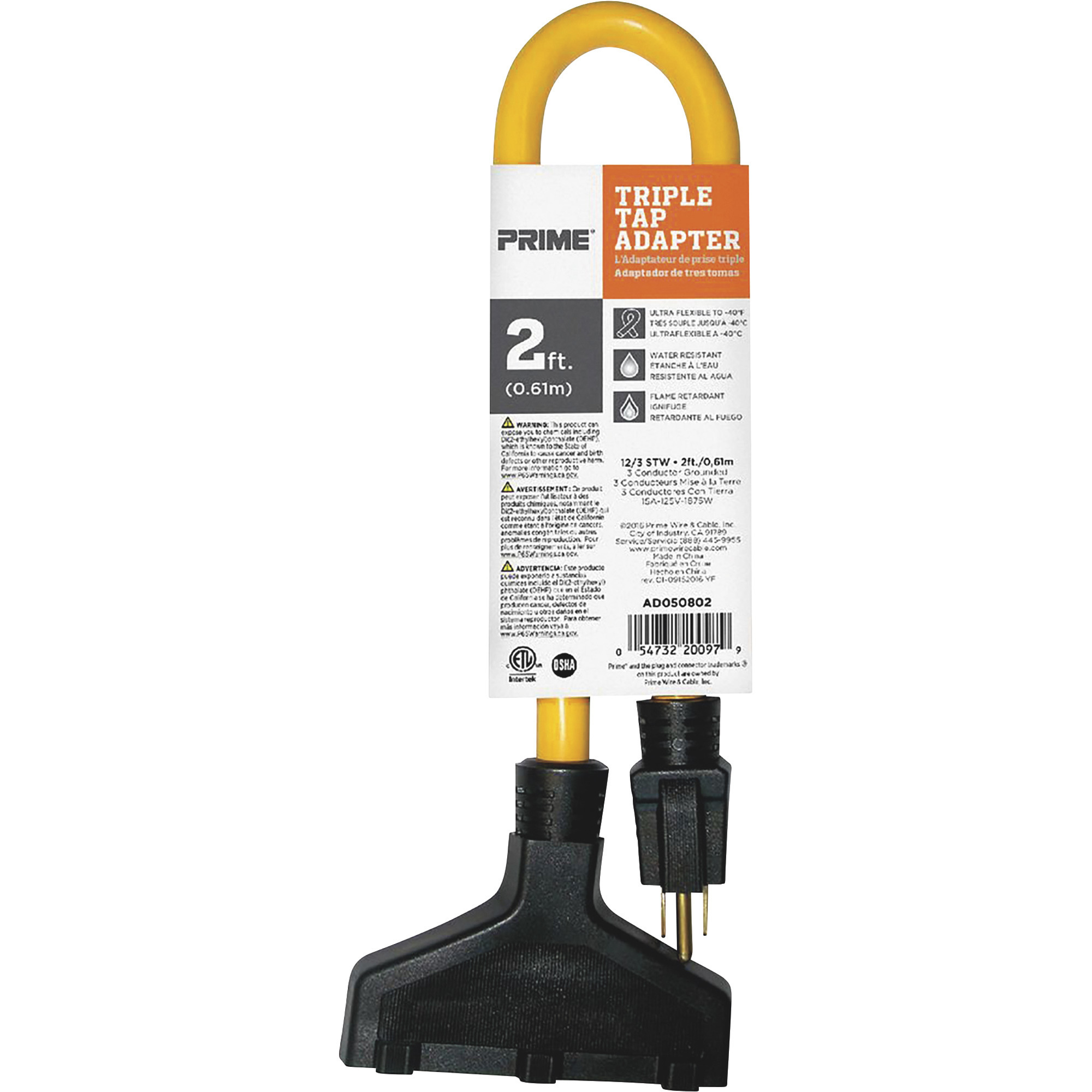 Prime Triple Tap Adapter, 2ft.L, 12/3Ga., Model AD050802 Northern Tool