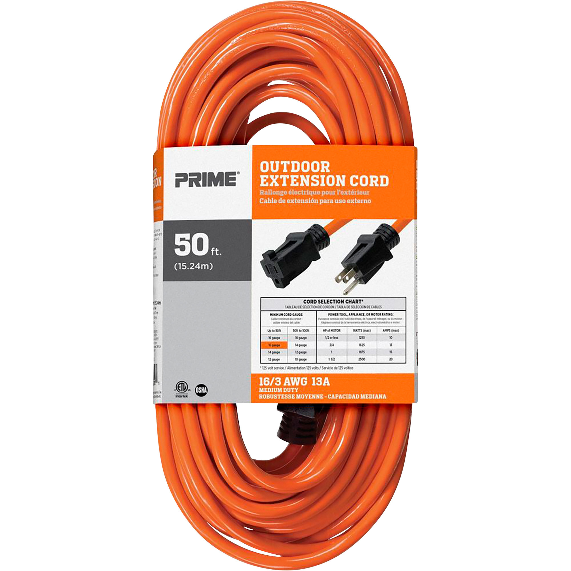 Prime Wire & Cable Outdoor Extension Cord, 50ft., 16/3 Gauge, 13 Amps ...