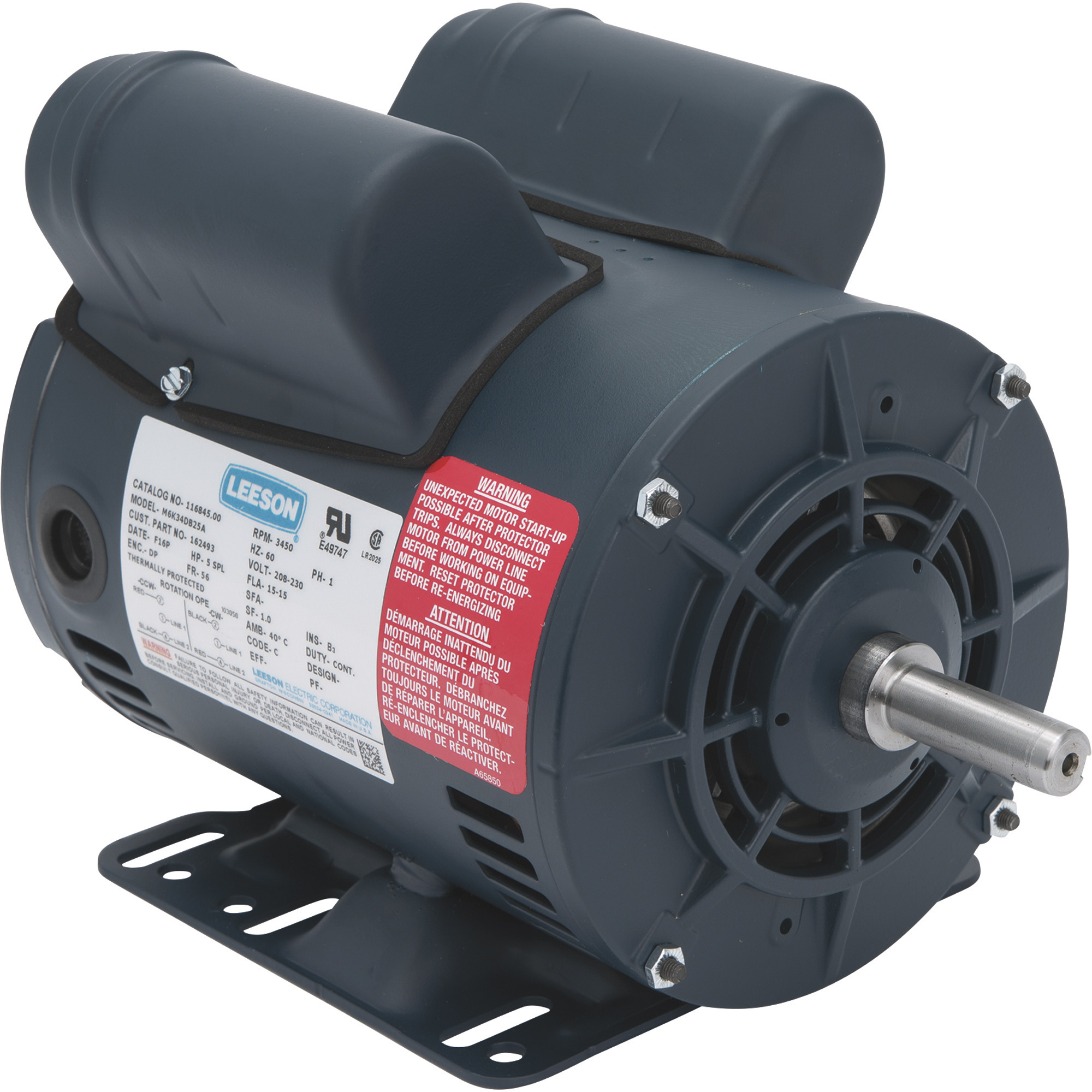 Leeson Air Compressor Electric Motor, 5SPL HP, Model 116845 Northern