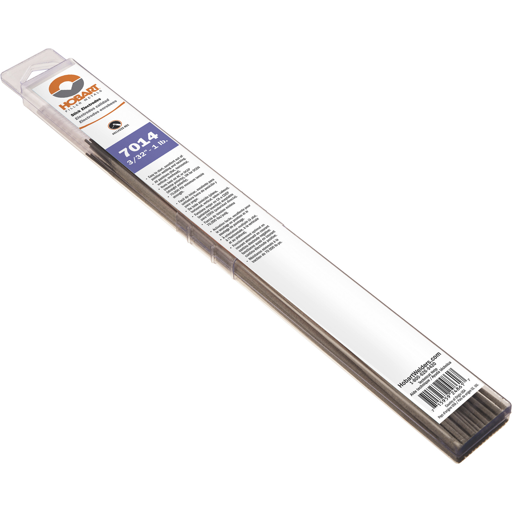 Hobart Filler Metals Stick Welding Electrodes, 7014, 3/32in. Dia. x 14in.L, 1-Lb. Pkg., Model# H114232-R01