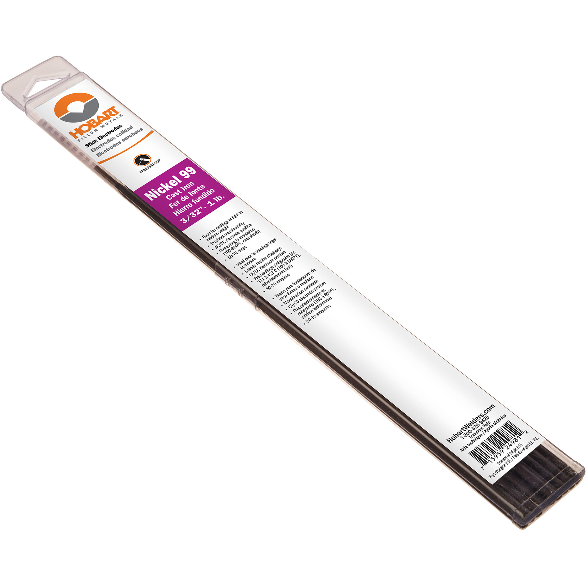 Hobart Filler Metals Stick Welding Electrodes, Nickel 99 ENiCl Cast Iron, 3/32in. Dia. x 14in.L, 10-Ct. Pkg., Model# H500531-RDP