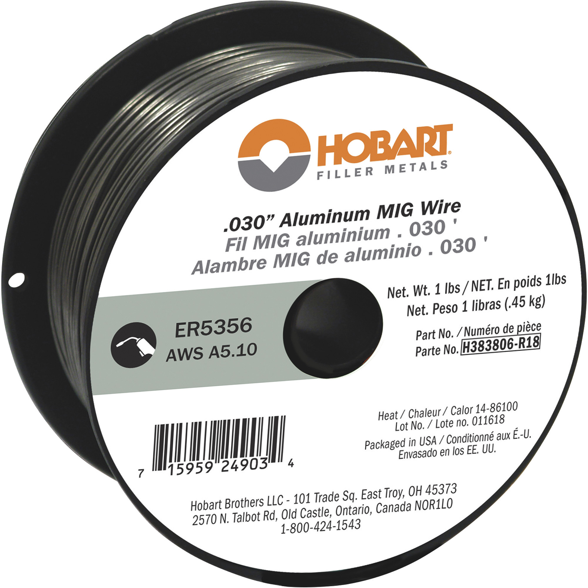 Hobart MIG Welding Wire, ER5356 Aluminum, .030in., 1-Lb. Spool, Model #H383806-R18