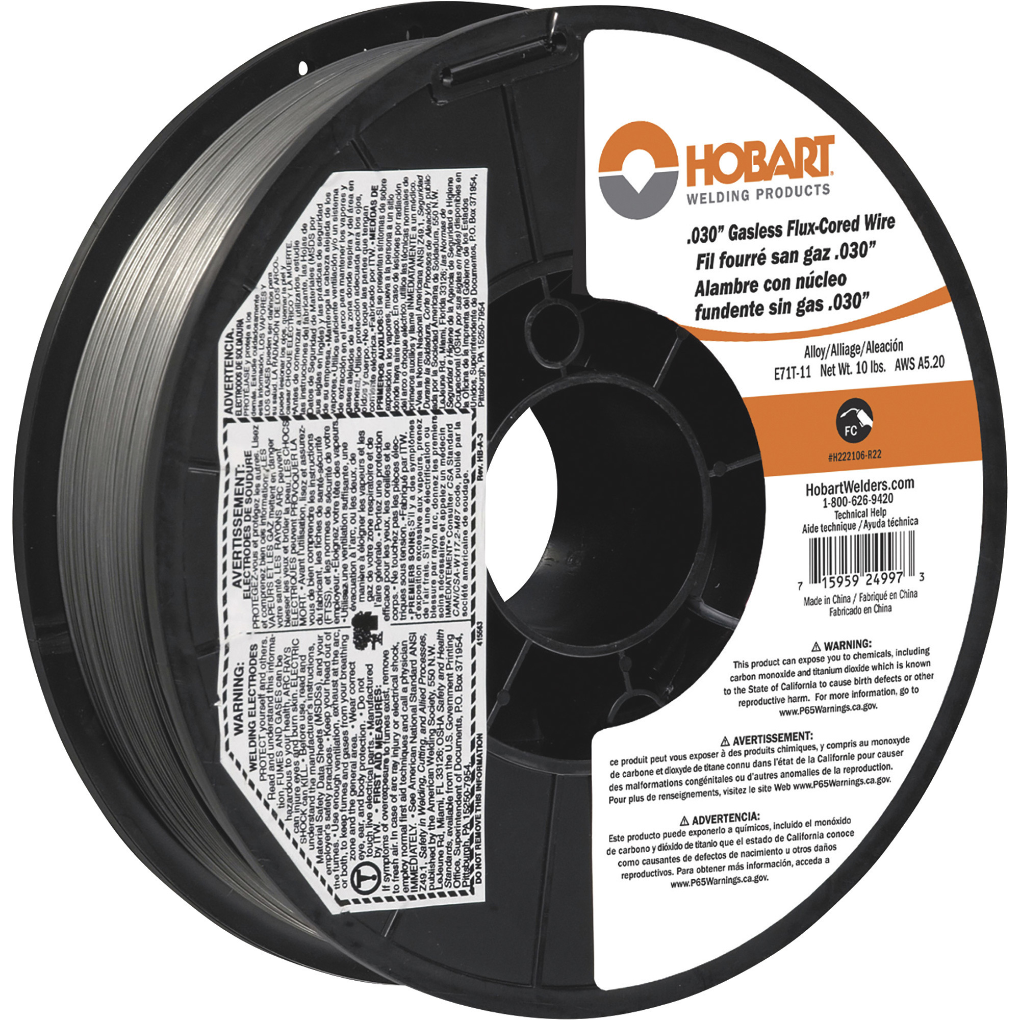 Hobart Flux-Cored Welding Wire, E71T-11 Carbon Steel, .030in., 10