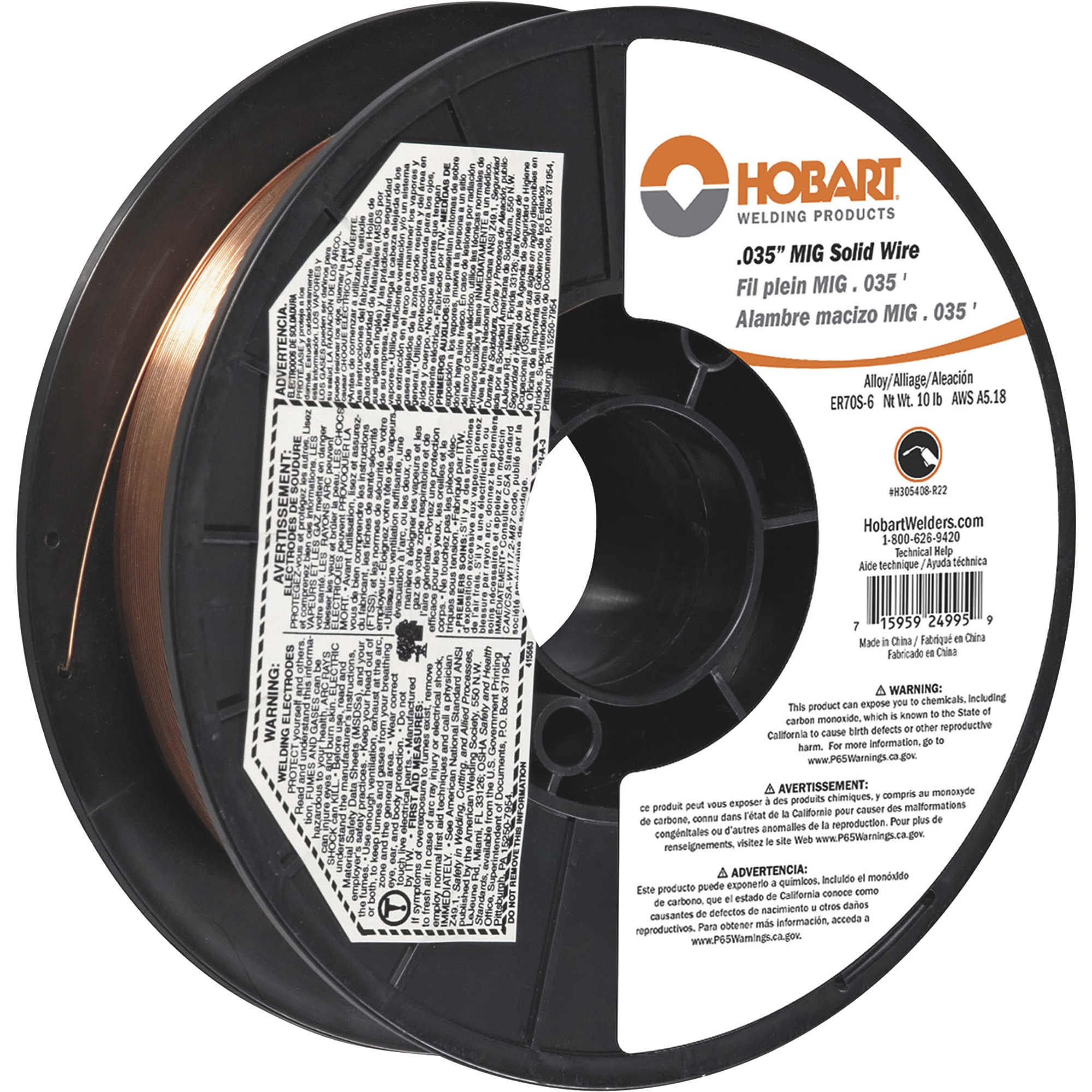 Hobart MIG Welding Wire, ER70S-6 Carbon Steel, .035in., 10-Lb