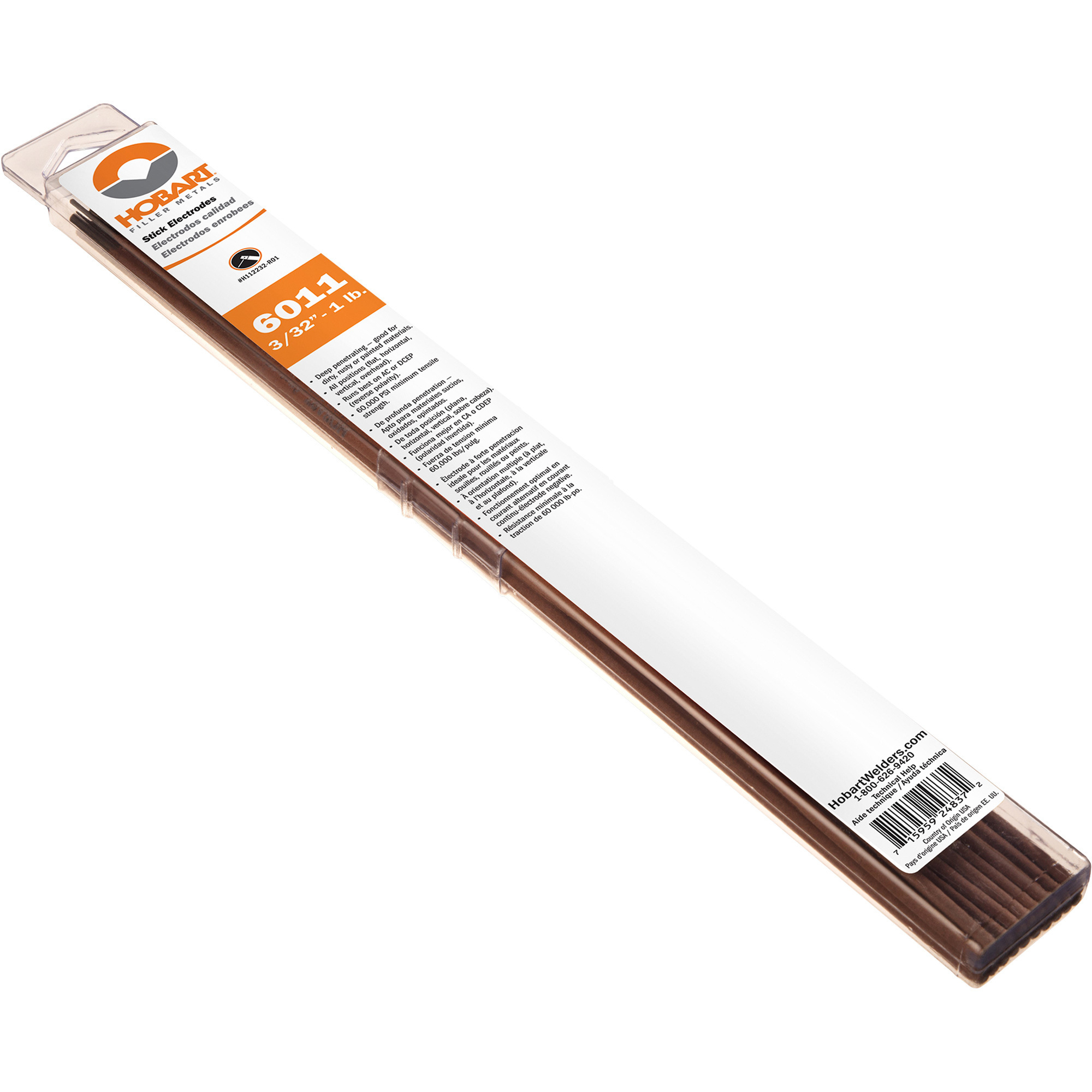 Hobart Filler Metals Stick Welding Electrodes, 6011, 3/32in. Dia. x 14in.L, 1-Lb. Pkg., Model# H112232-R01