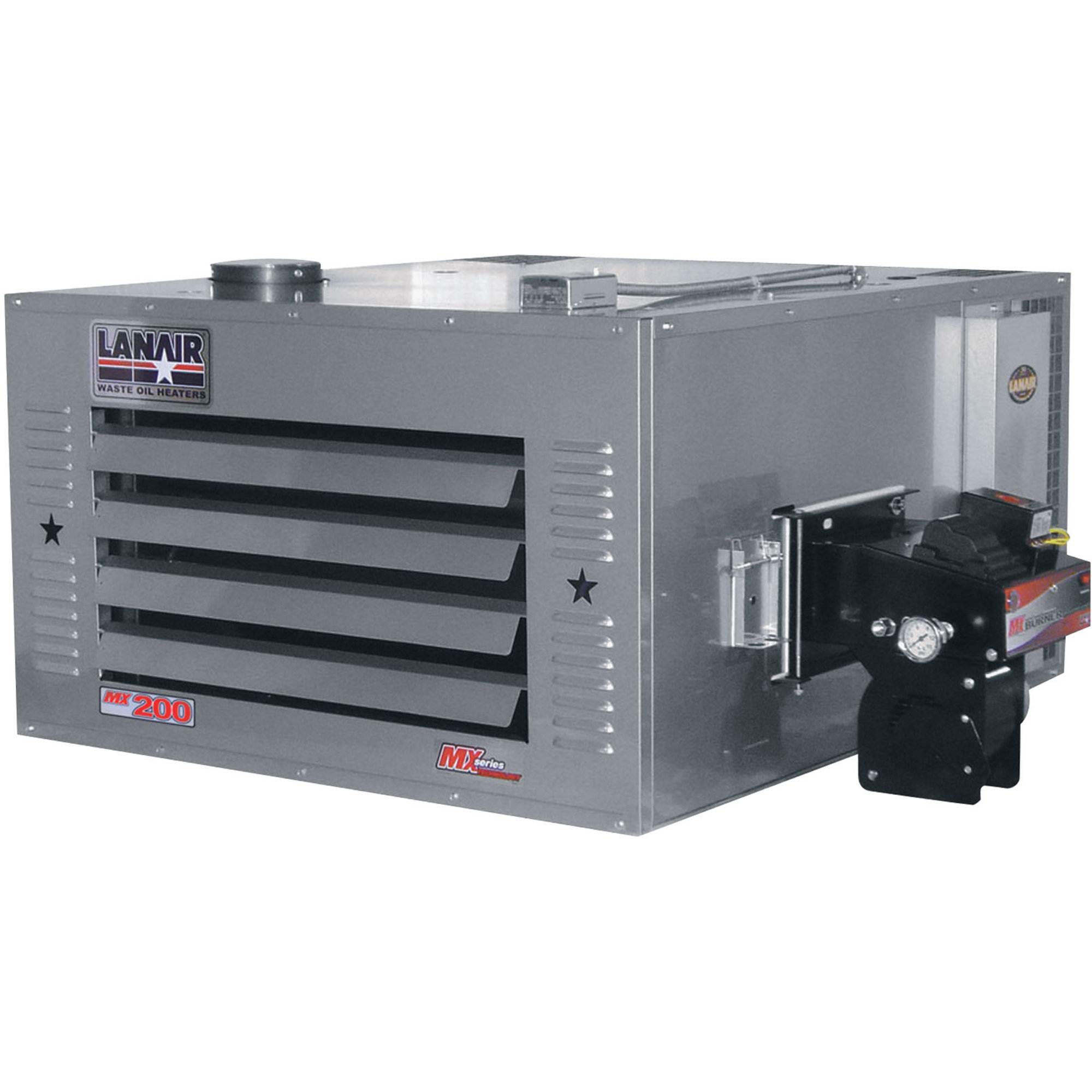 Lanair Waste Oil-Fired Thermostat-Controlled Heater Package — 200,000 BTU, 5,000 Sq. Ft. Capacity, Thru-Roof Chimney, Model# MX-200 Package C