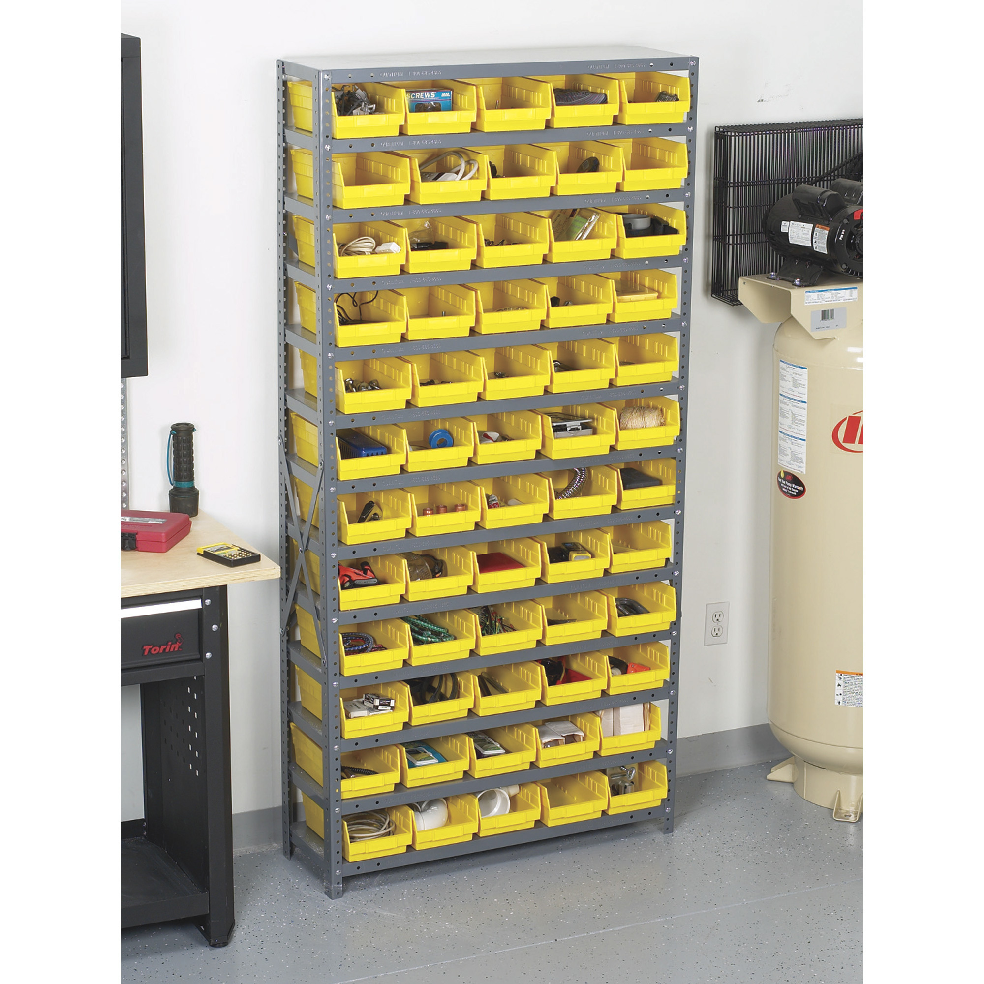 Quantum Storage Single Side Metal Shelving Unit With 60 Bins, 12in. x 36in.  x 75in. Rack Size, Yellow, Model# 1275-102YL