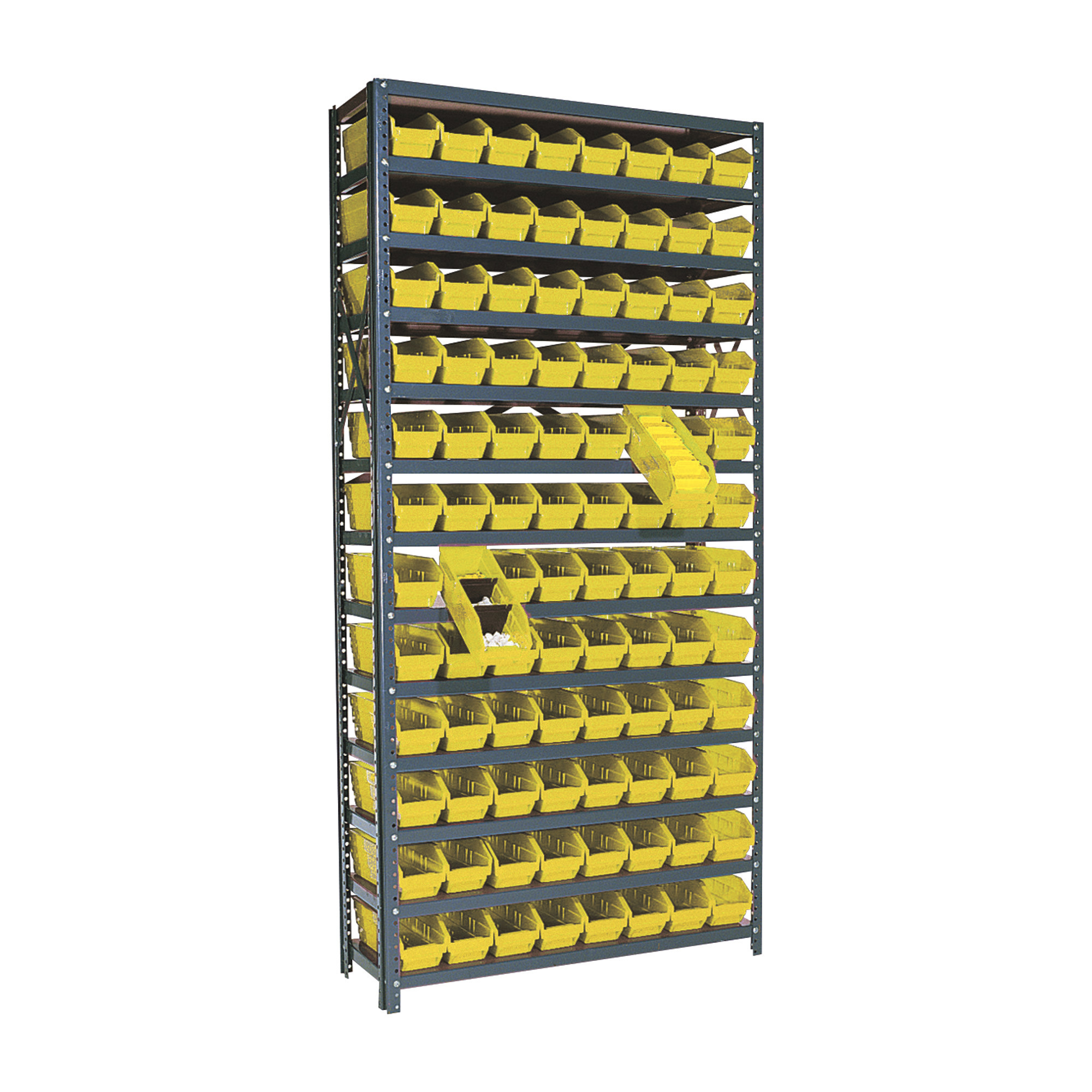Quantum Storage Single Side Metal Shelving Unit With 96 Bins — 12in. x  36in. x 75in. Rack Size, Yellow, Model# 1275-101YL