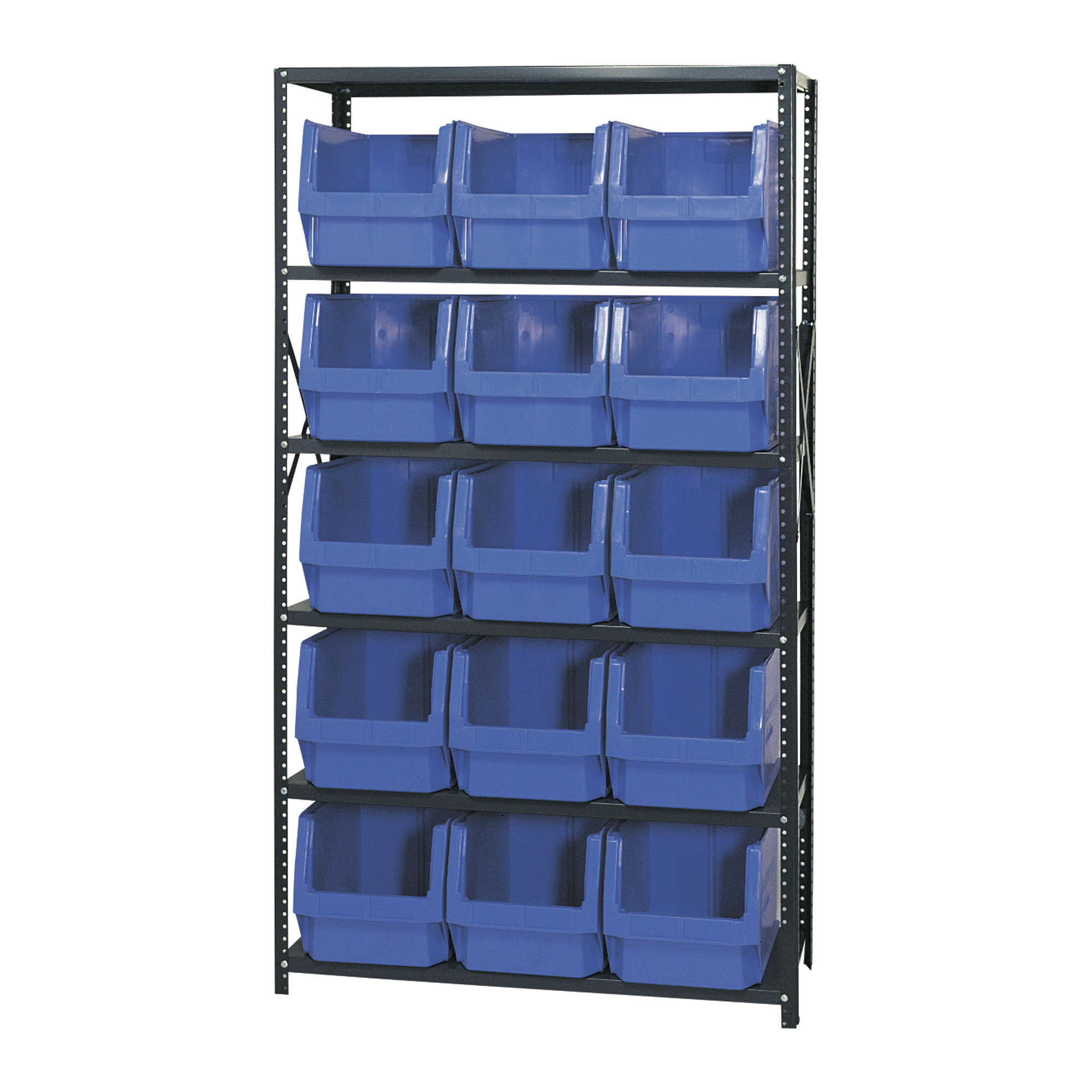 Quantum Storage Metal Shelving Unit with 15 Large Parts Bins  , 18in. x 42in. x 75in. Rack Size, Blue, Model# MSU-533BL