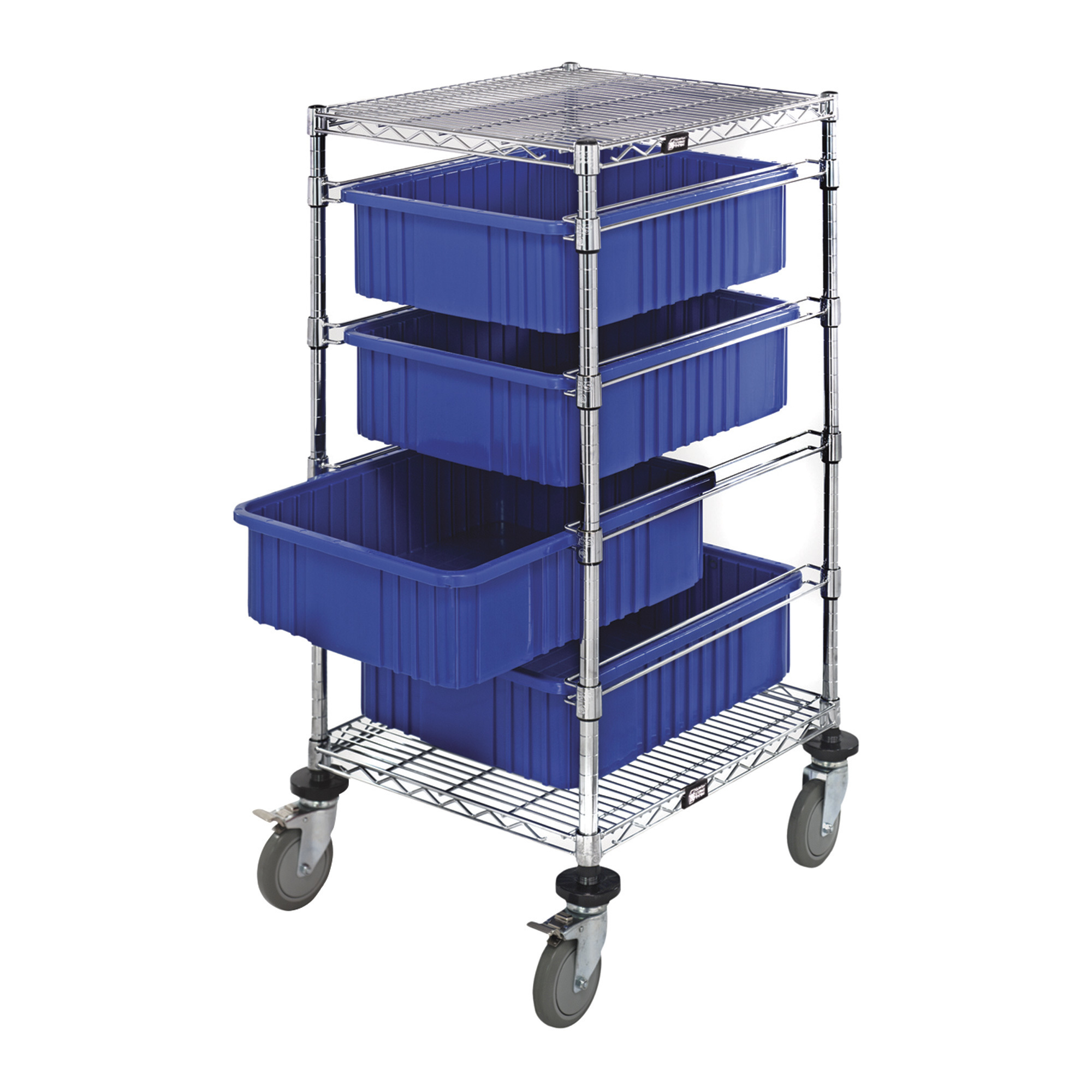 Quantum Storage Bin Cart with Dividable Grids, 24in.L x 21in.W x 45in.H Cart, 4 Blue Bins, Model# BC212434M1BL