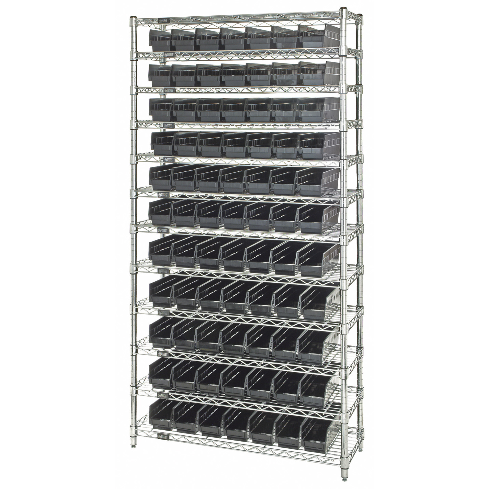 Quantum Storage Single Side Wire Chrome Shelving Unit with 77 Bins, 36in.W x 12in.D x 74in.H, Black, Model# WR12-101BK