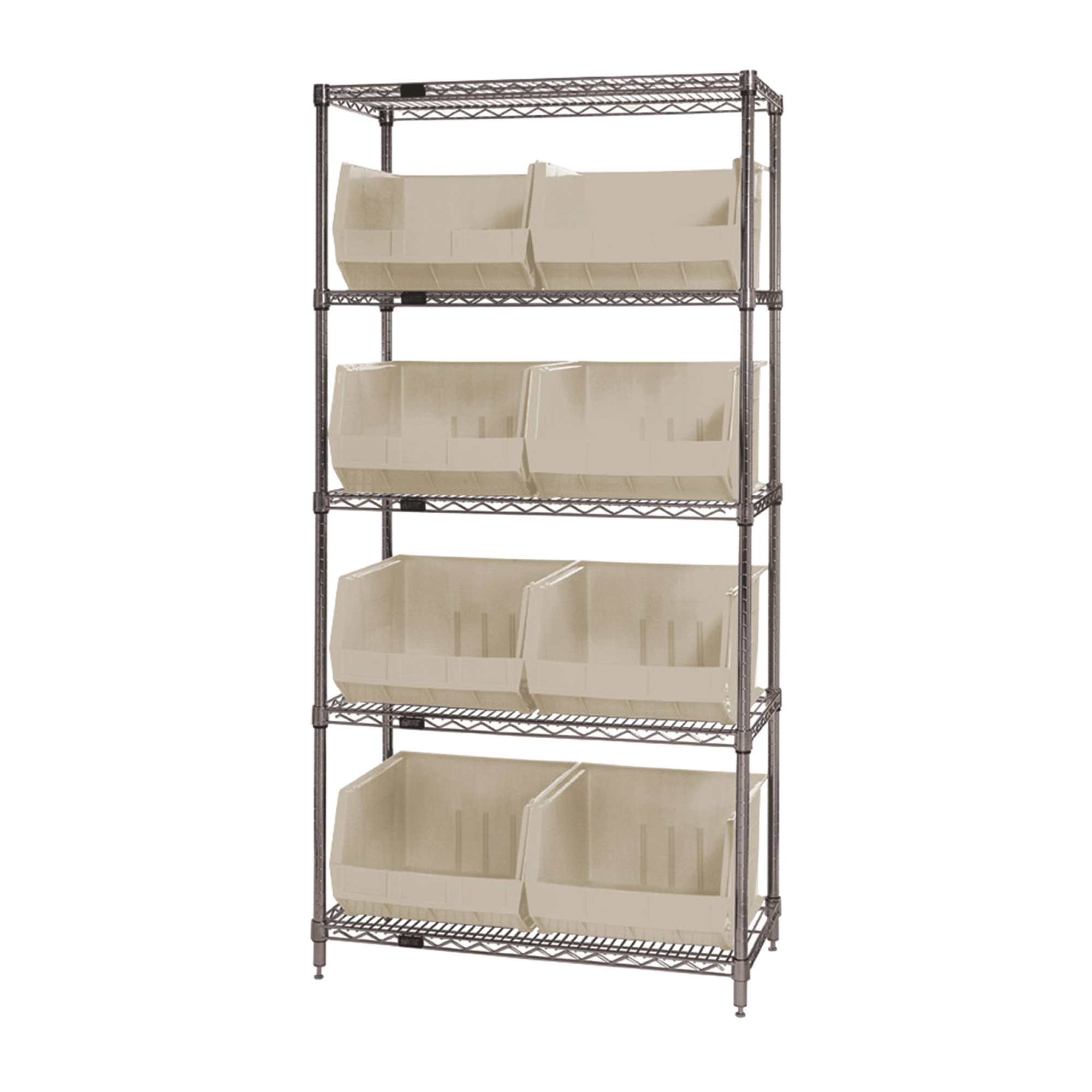 Quantum Storage Single Side Wire Chrome Shelving Unit with 8 Ultra Bins, 18in.L x 36in.W x 74in.H, Ivory, Model# WR5-270IV