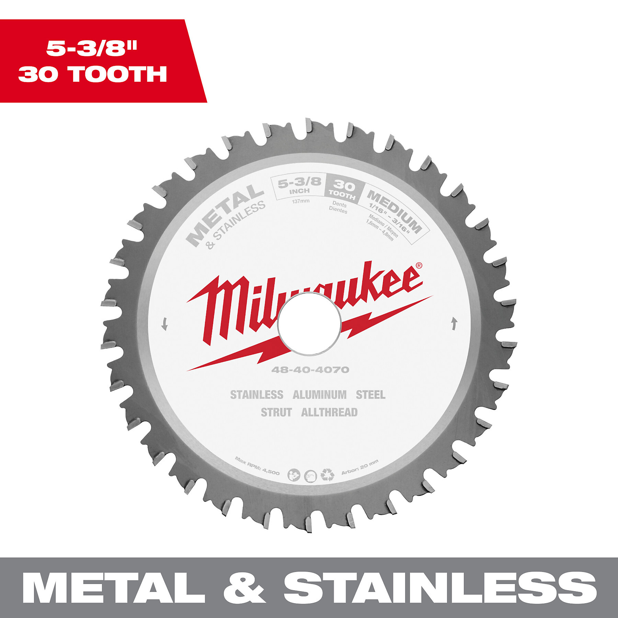Milwaukee Circular Saw Blade, 5 3/8in. Dia., 30 Tooth, Ferrous Metal Cutting, Model# 48-40-4070