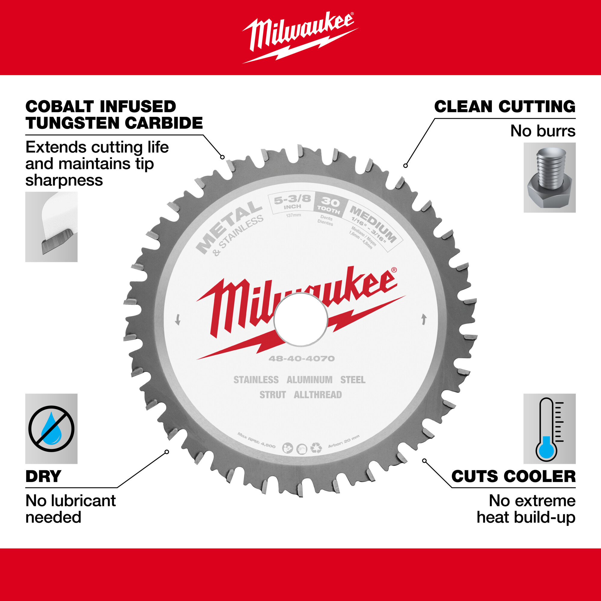 Milwaukee Circular Saw Blade, 5 3/8in. Dia., 30 Tooth, Ferrous Metal
