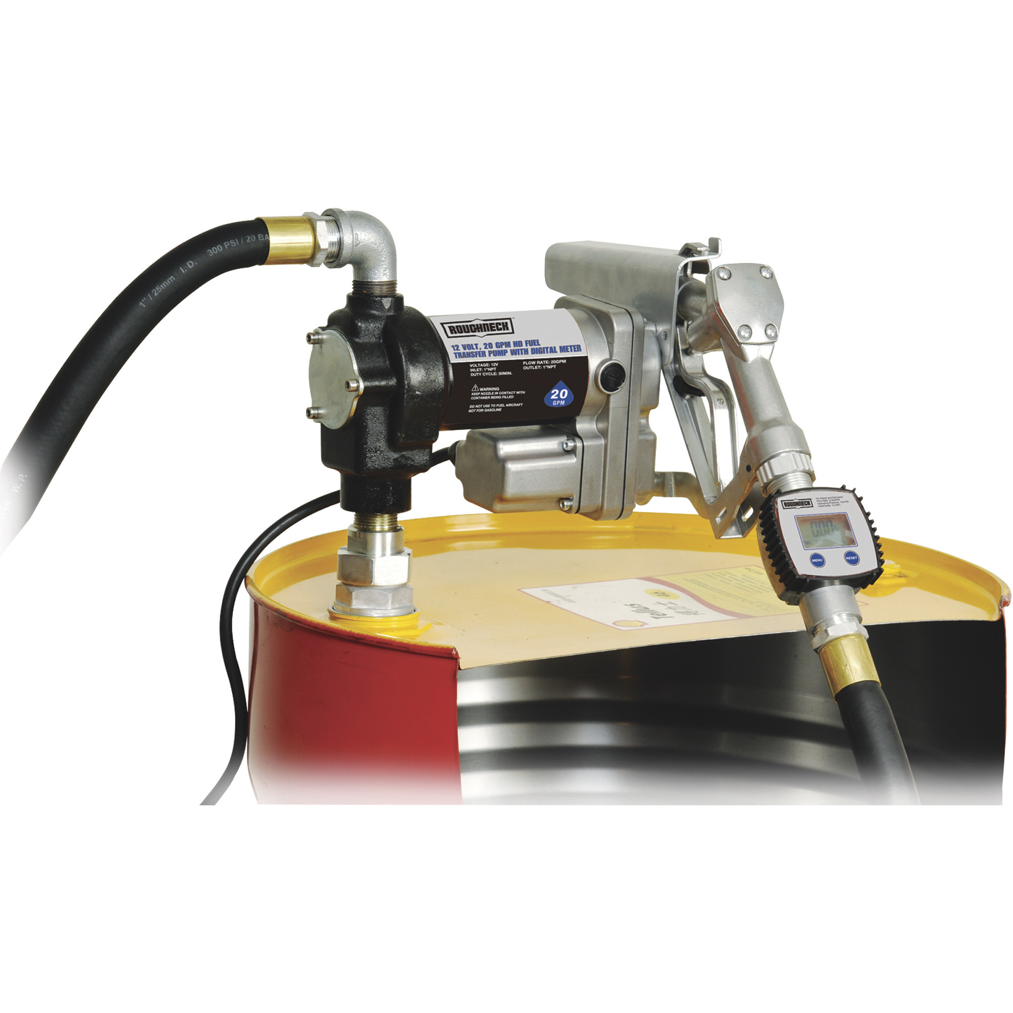 Roughneck 12V Fuel Transfer Pump — 20 GPM, Manual Nozzle, Hose