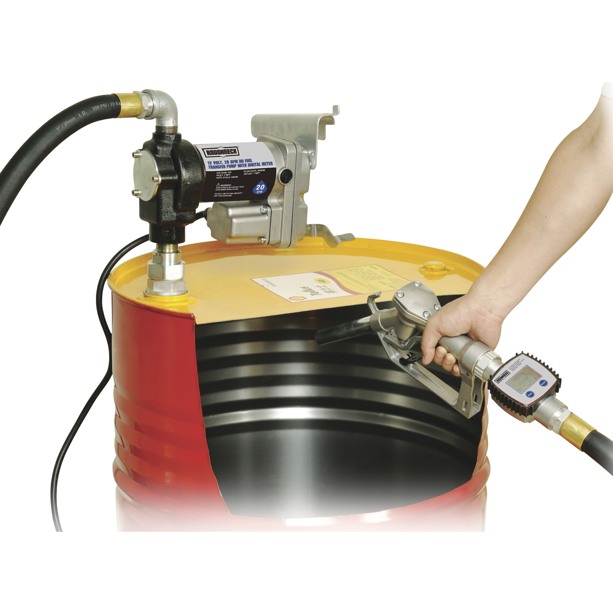 Roughneck 12V Fuel Transfer Pump — 20 GPM, Manual Nozzle, Hose
