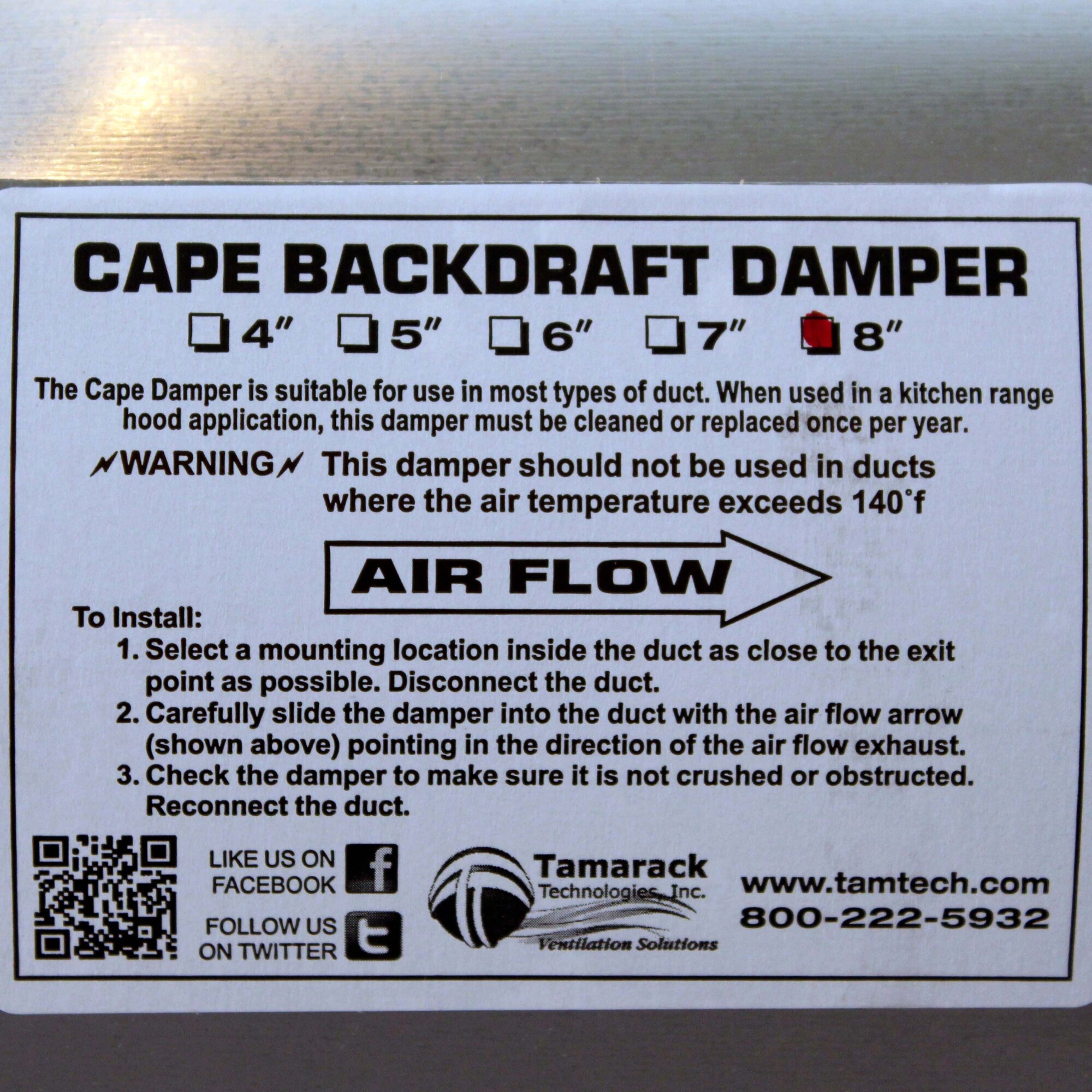 Tamarack Backdraft Damper, 8in. Dia., Model# TTI-CBD8 | Northern Tool