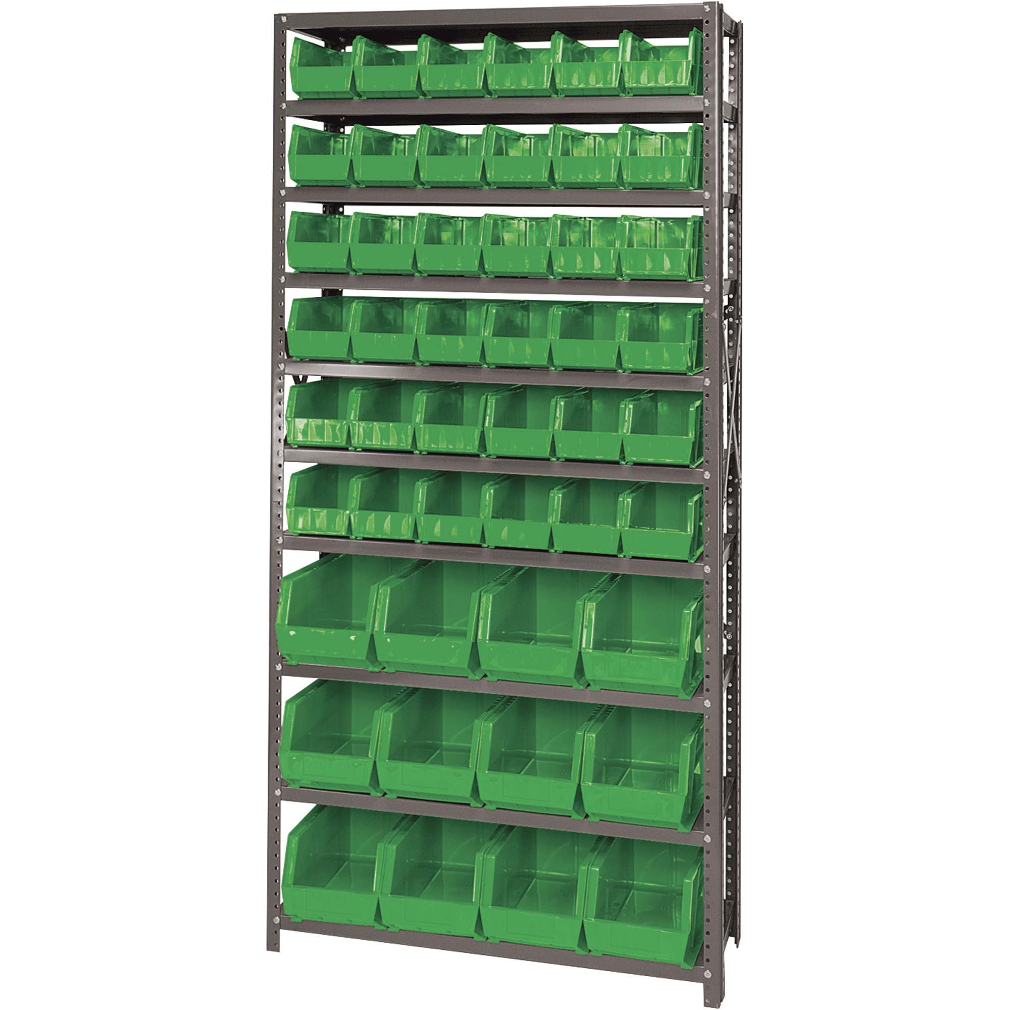 Quantum Storage Single Side Metal Shelving Unit with 48 Assorted Bins, 12in. x 36in. x 75in. Rack Size, Green, Model# QSBU-230240GN