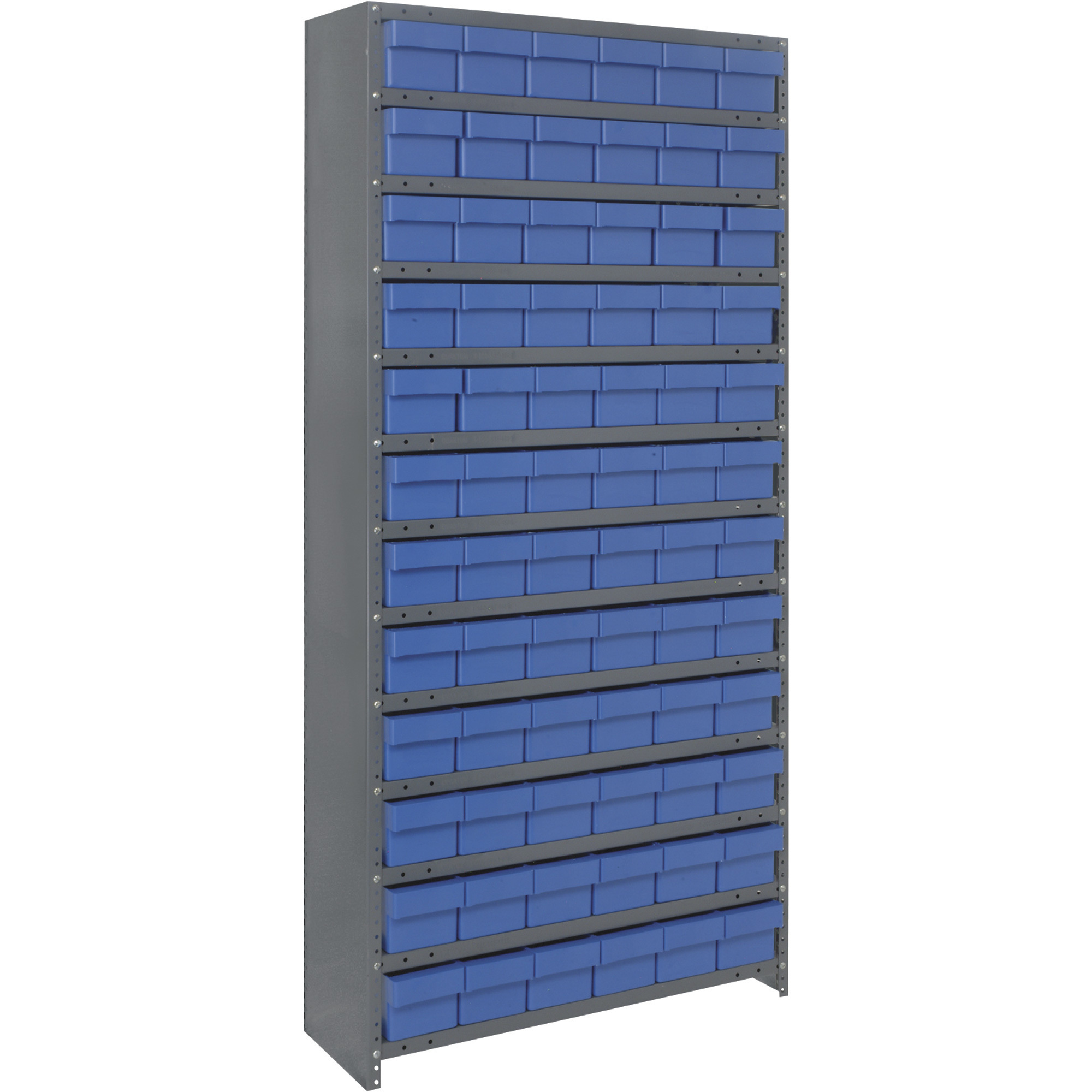 Quantum Storage Closed Metal Shelving Unit With 72 Super Tuff Drawers, 18in. x 36in. x 75in. Rack Size, Blue, Model# CL1875-602BL