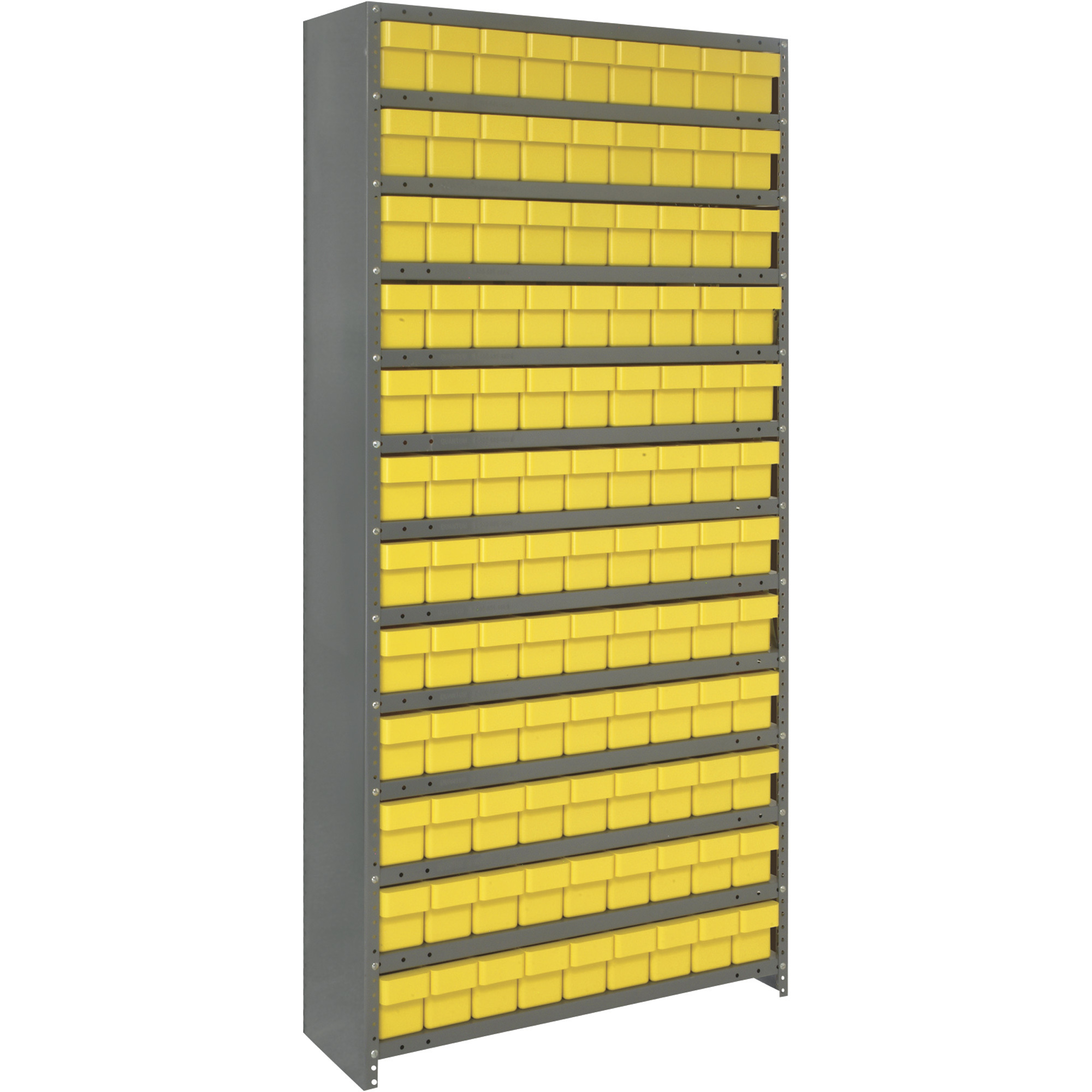 Quantum Storage Closed Metal Shelving Unit With 108 Super Tuff Drawers, 12in. x 36in. x 75in. Rack Size, Yellow, Model# CL1275-501YL