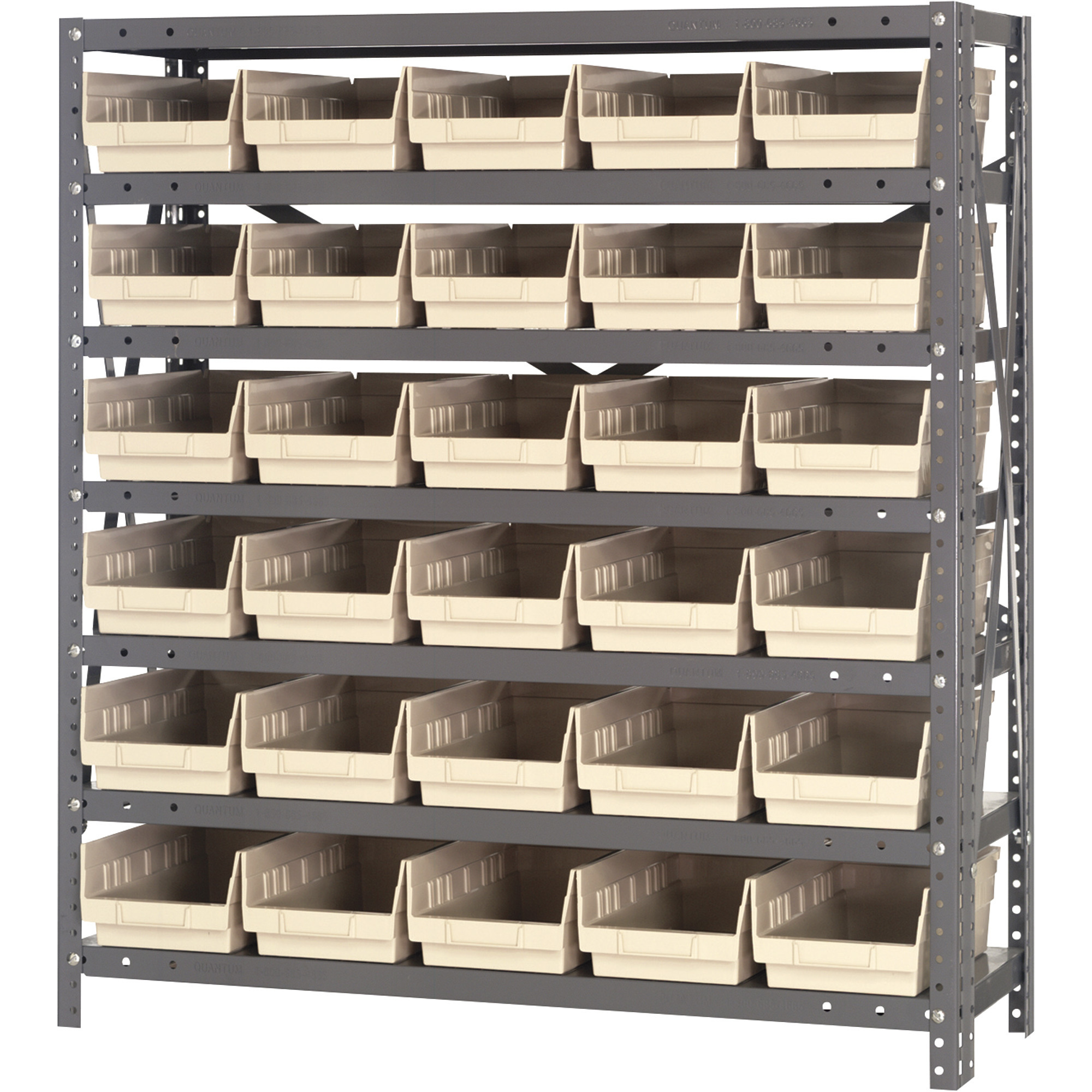 Quantum Storage Single Sided Steel Shelving Unit with 30 Bins,  36in.W x 12in.D x 39in.H Rack Size, Ivory, Model# 1239-102IV