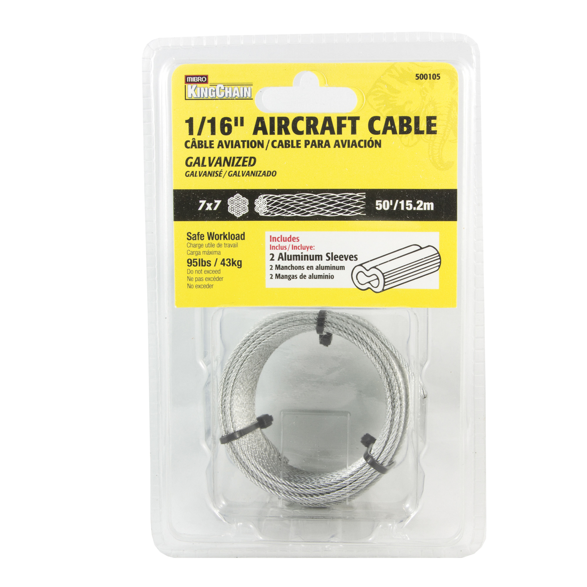 Mibro 1/6in., 7in. x 7in. Aircraft Cable with Aluminum Sleeves, Pre-Cut 50ft. Long, Model# 500105