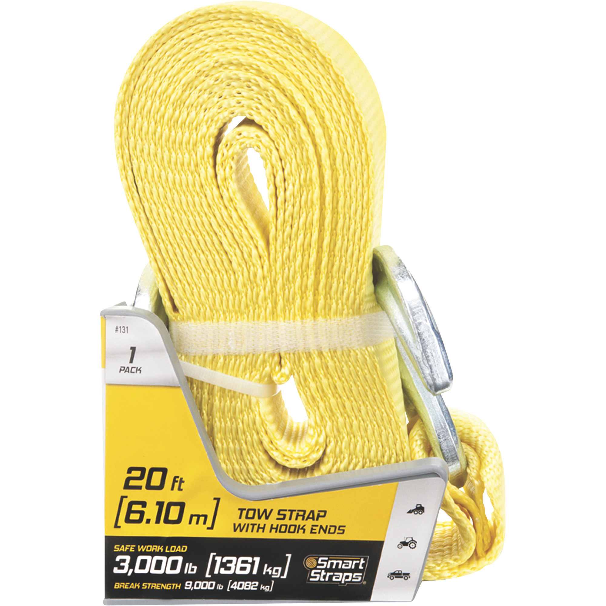 SmartStraps Heavy-Duty Tow Strap with Hooks, 20ft.L, 9000-Lb. Breaking  Strength, Yellow, Model# 131