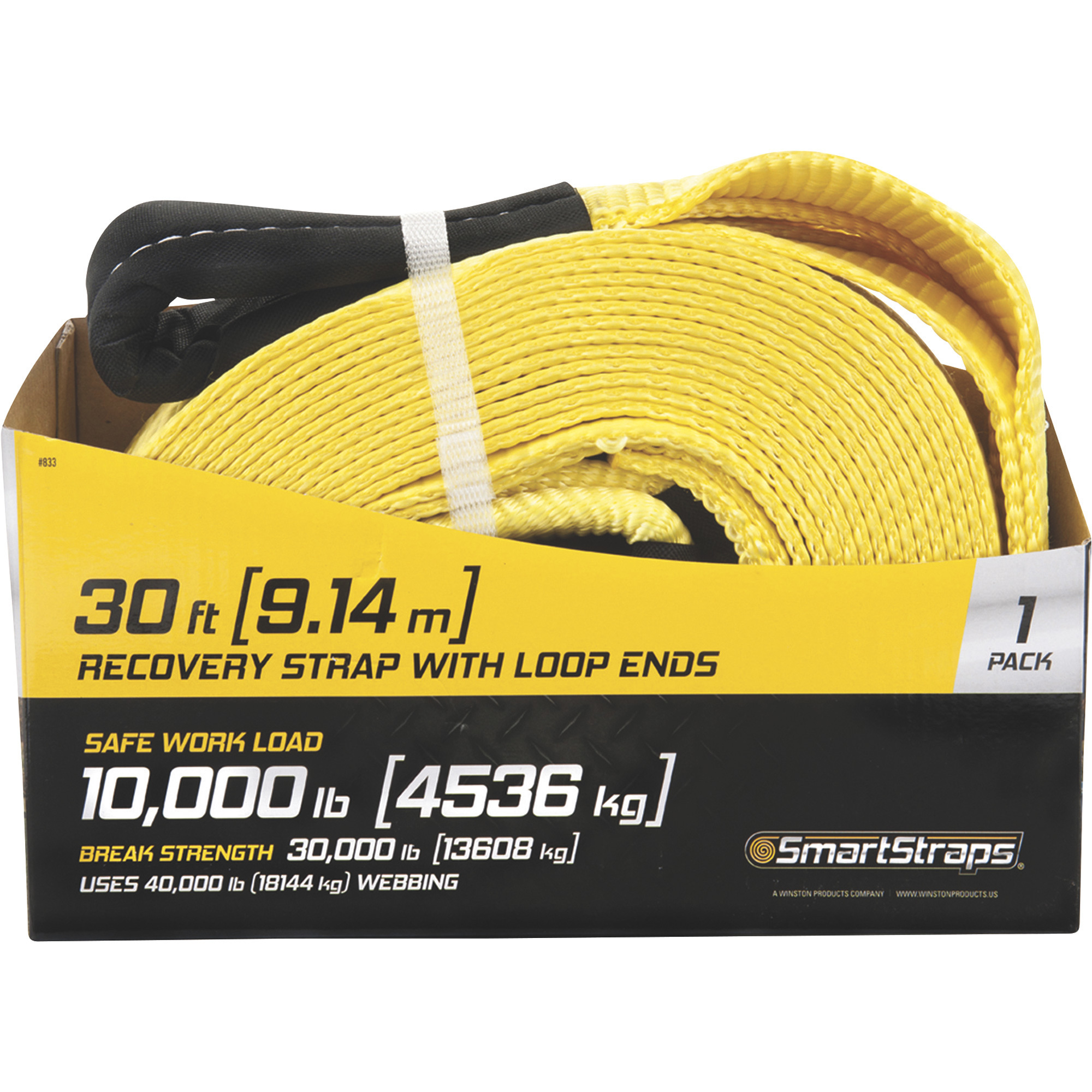 Smart Straps Heavy-Duty Recovery Tow Strap with Loop Ends, 30ft.L x 4in.W,  10,000-Lb. Working Load, 30,000-Lb. Breaking Strength, Yellow, Model# 833