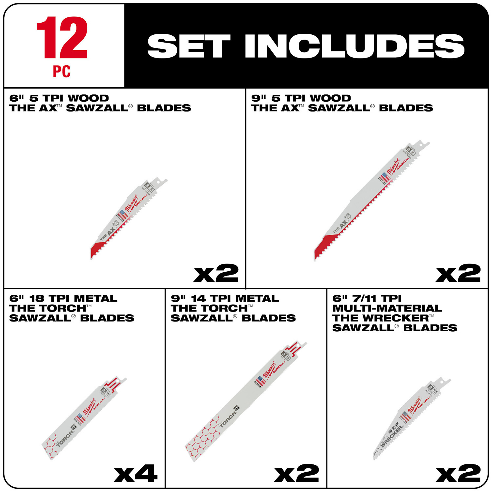 Milwaukee SAWZALL Ultimate Demolition Blade Kit, 12-Pc