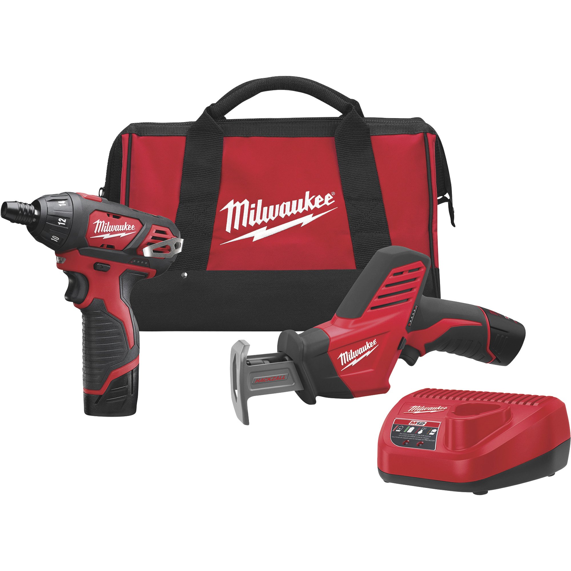 Milwaukee M12 12V Li-Ion Cordless 4-Tool Combo Kit w (2) Compact 1.5Ah Batteries, Charger with Reciprocating Saw Blade Set (32-Pc)