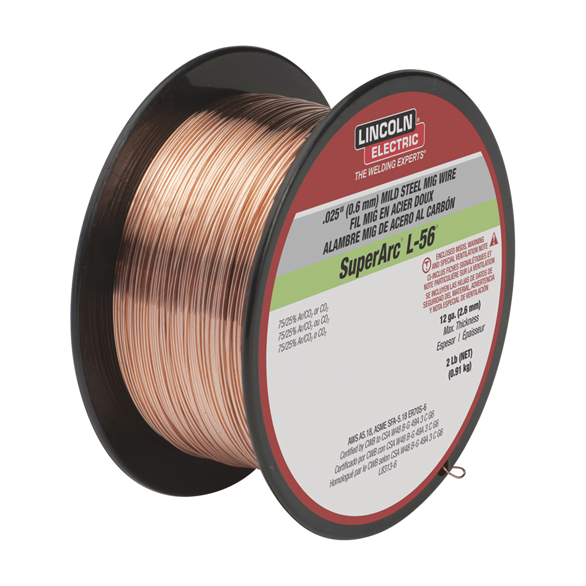 Lincoln Electric SuperArc L-56 MIG Welding Wire, Mild Steel, Copper Coated, .025in, 2-Lb. Spool, Model# ED030583