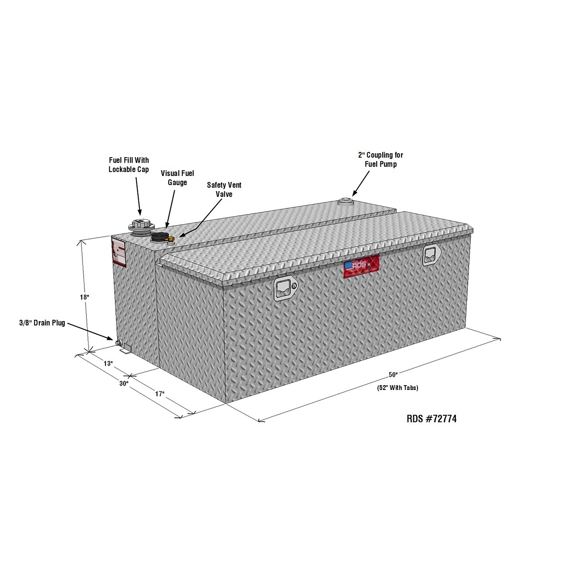 RDS Aluminum Transfer Fuel Tank Toolbox Combo, 48 Gallon, Rectangular ...