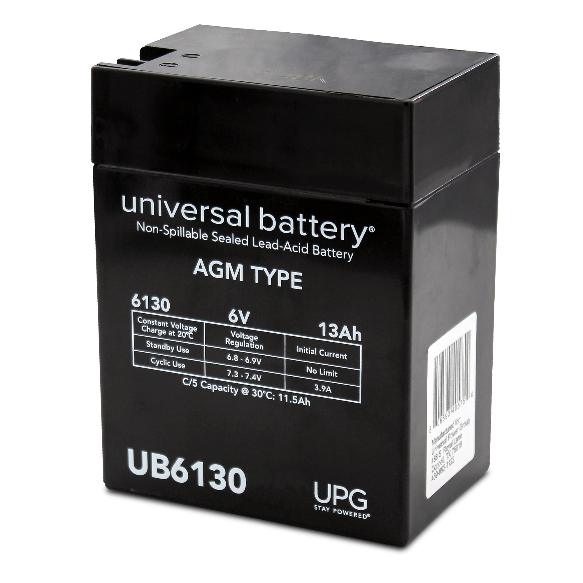 UPG Sealed Lead-Acid Battery, AGM-type, 6V, 13 Amps, Model# UB6130TOY