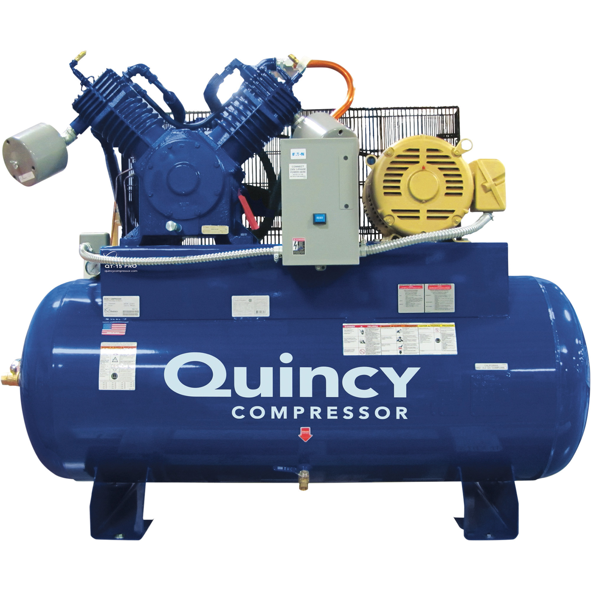 Quincy QT-15 Splash Lubricated Reciprocating Air Compressor — 15 HP, 200–208/230/460 Volt, 3 Phase, 52.5 CFM @ 175 PSI, 120-Gallon Horizontal, Model# 2153DS12HCA