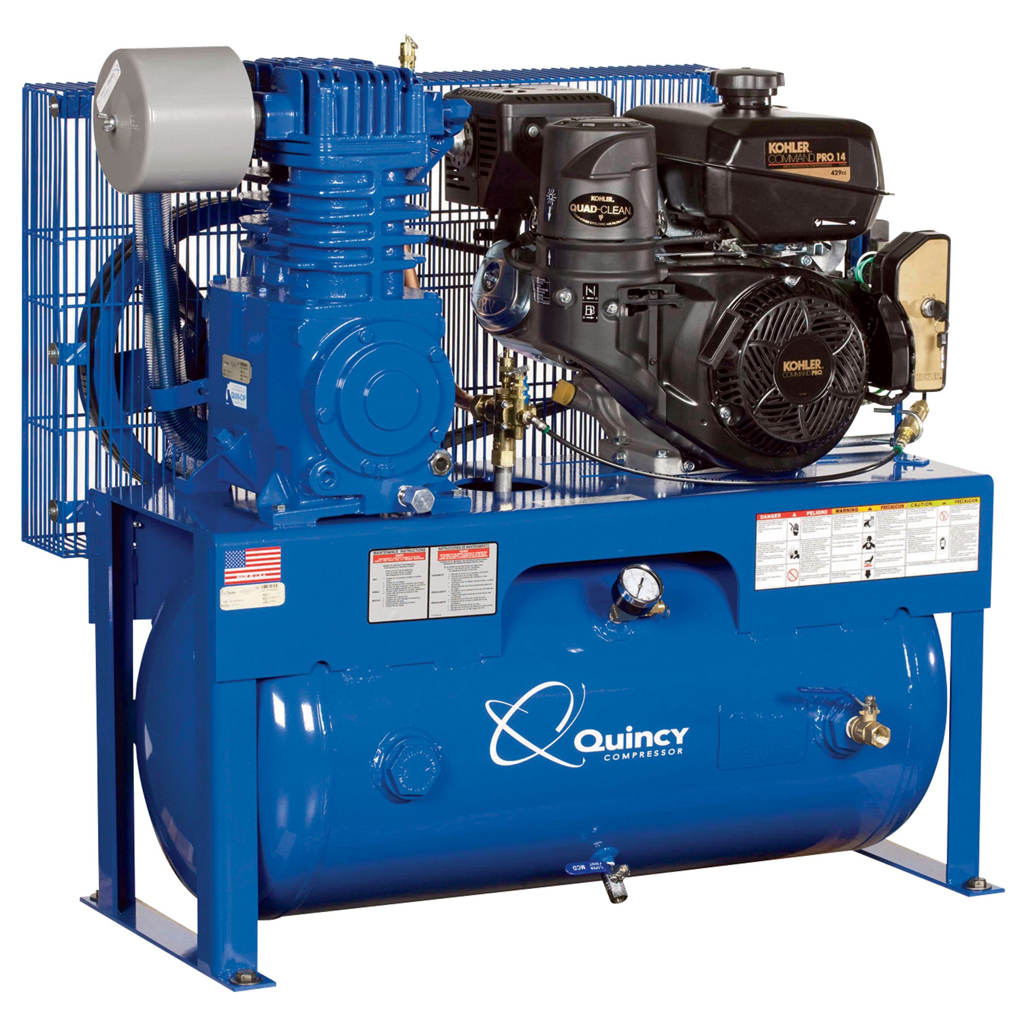 Quincy QT-7.5 Splash Lubricated Reciprocating Air Compressor — 14 HP,  Kohler Gas Engine, 30-Gallon Horizontal, Model# G214K30HCD
