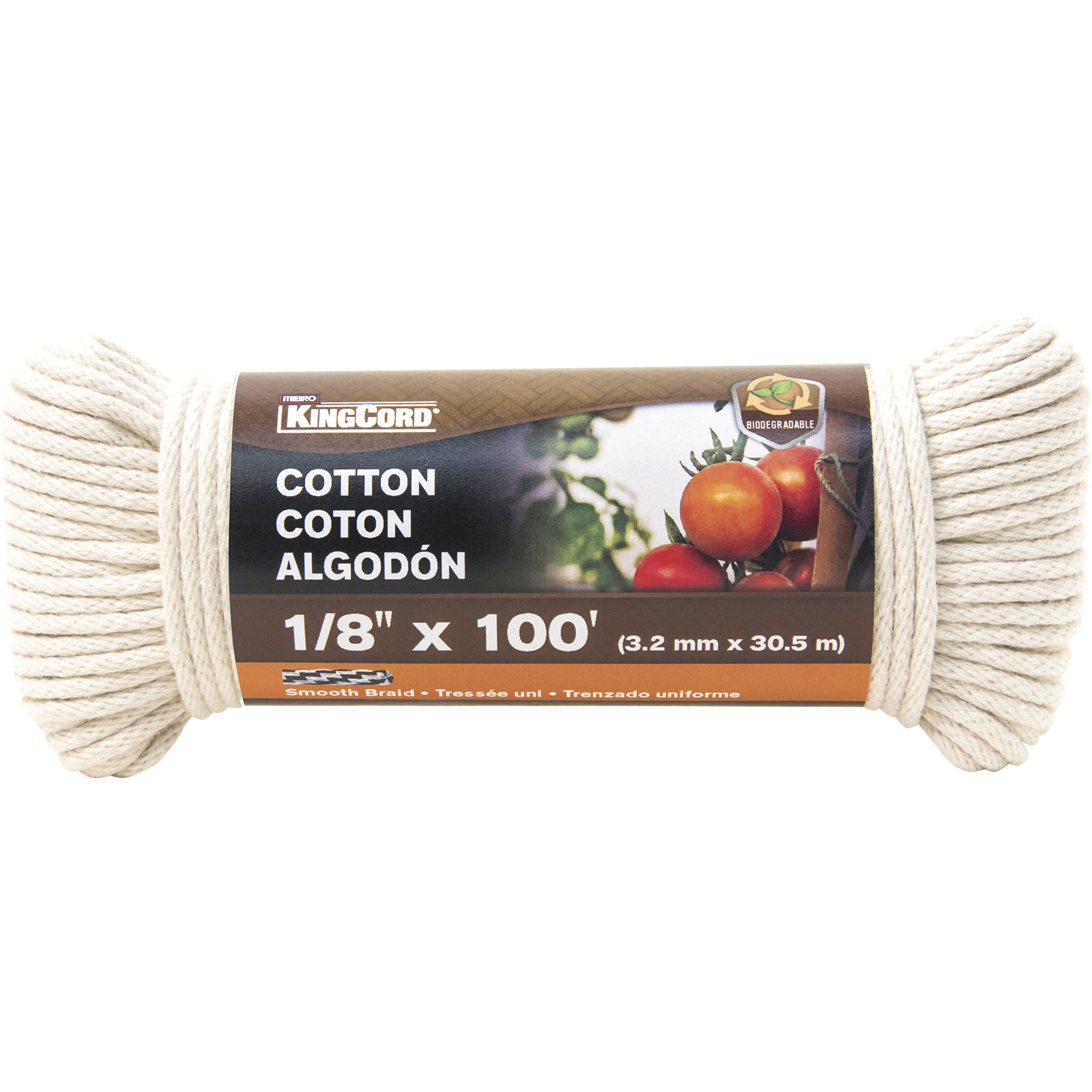 KingCord 1/8in. x 100ft. Smooth Cotton Braid Rope, Model# 300241BGP08